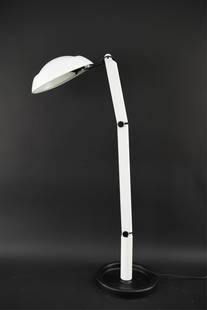 JORGEN GAMMELGAARD JOGA FLOOR LAMP: Jorgen Gammelgaard JoGa Floor Lamp made for Pandul. White metal arm & shade adjustable. Cast iron base. Vintage 80s. Made in Denmark. Dimensions: Base: H 1.5 x D 11", Arm: H 38", Shade: H 3.5 x D 11"