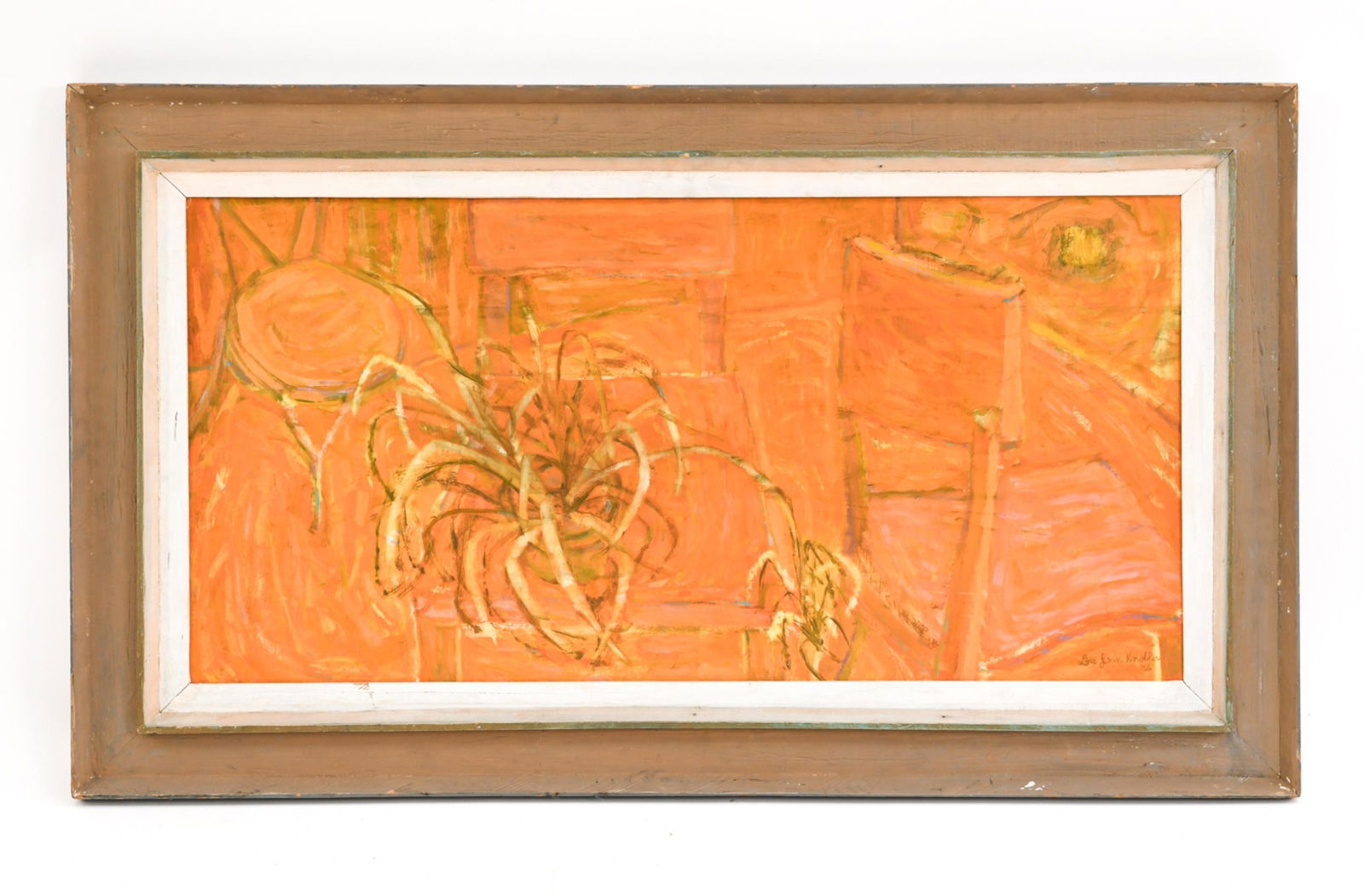 LOIS JEAN KNOBLER ABSTRACT 1956 ABSTRACT OIL: Oil on masonite, signed and dated lower right, 1956. Dimensions: (Frame) H 25.25" x W 43", (Panel) H 18" x W 35.5" Condition: Light scratch lower right.