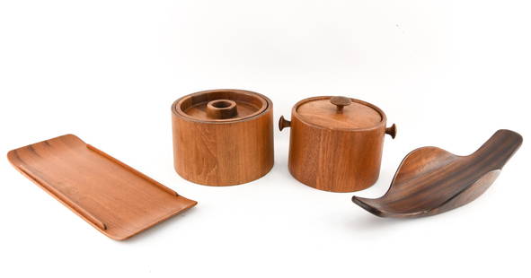 MID-CENTURY TEAK GROUPING INCL DANSK: Digsmed Ice bucket, Sowe-Konst, Anri Form. Dimensions: Anri Form basket: H 3" x W 22.5" x D 6.75" Condition: Used, some sticker marks and overall normal signs of age including some scratching and mino