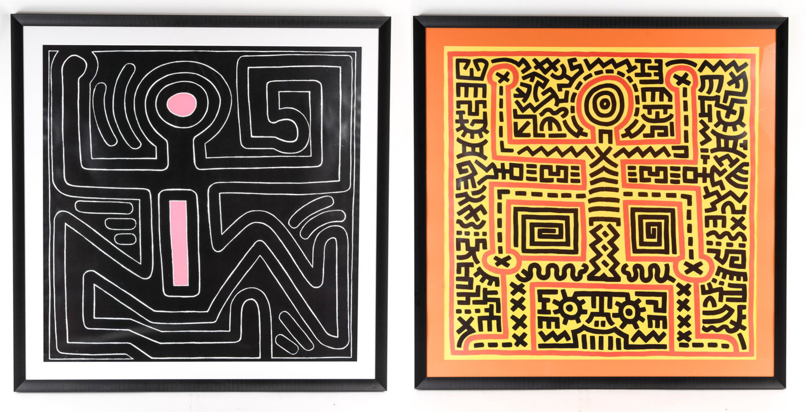 (2) KEITH HARING STYLE PRINTS: Contemporary, off set lithographs. Dimensions: Frames: H 41.5" square Condition: Both prints wavy, look to have been rolled, one with handling creases.