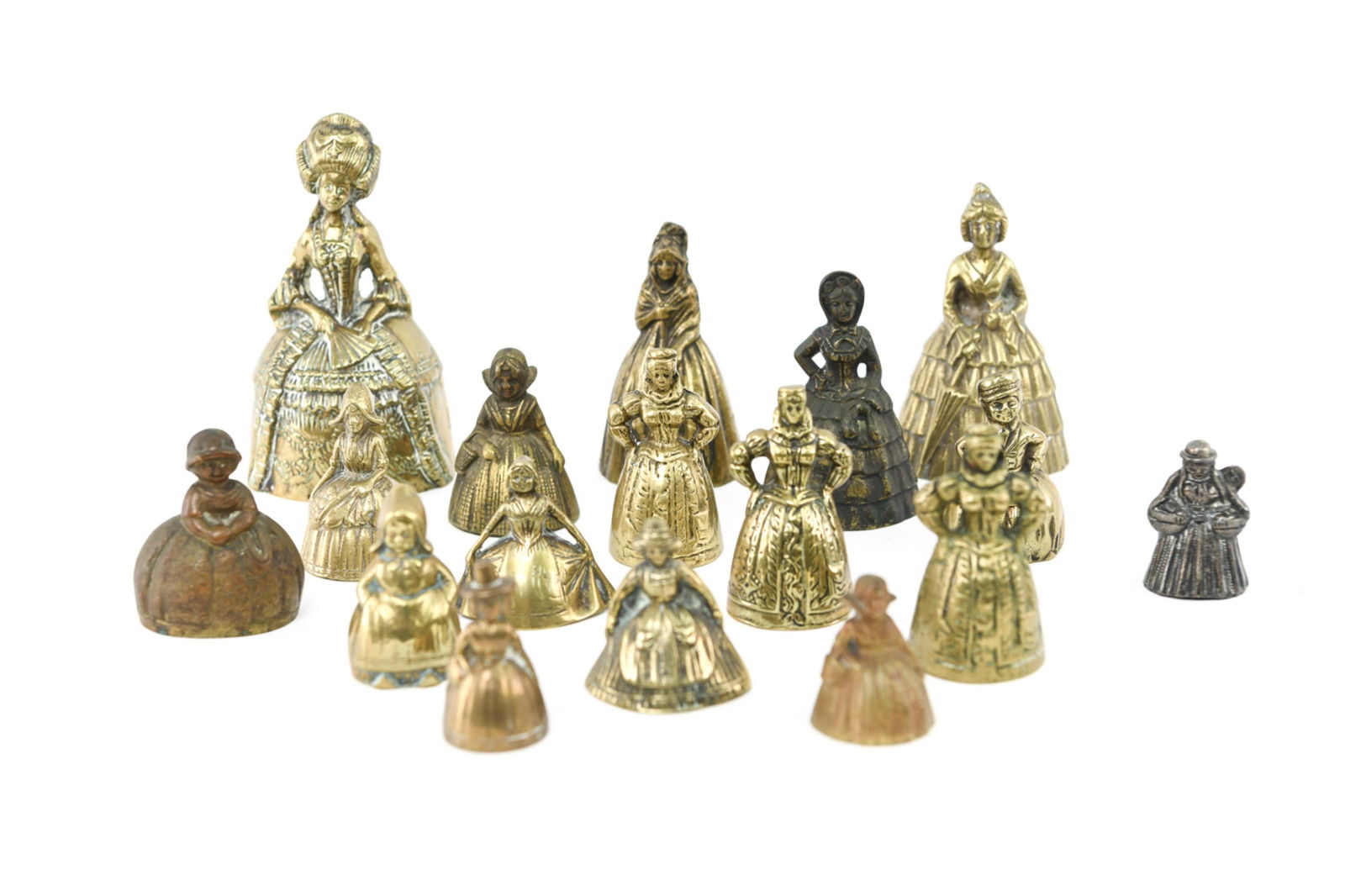 LARGE GROUPING OF FIGURAL BRASS LADY BELLS (1 of 12)