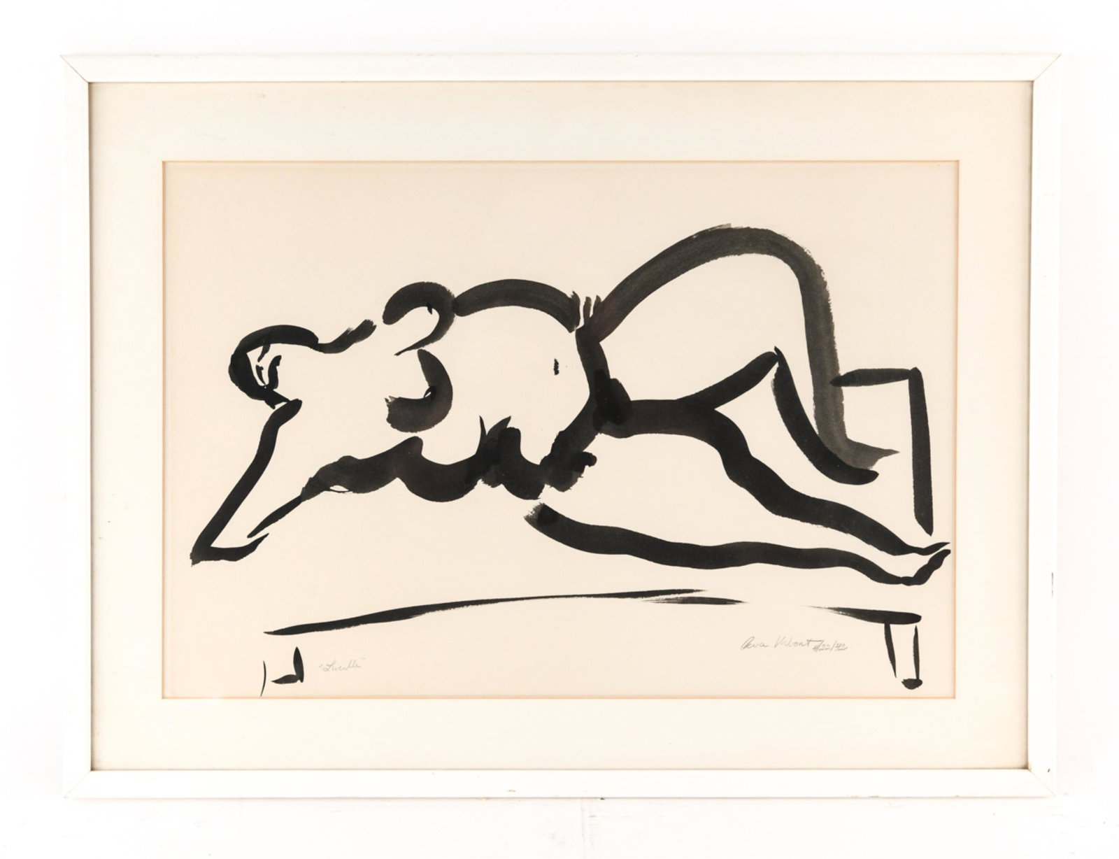 MODERN NUDE INK DRAWING: Reclining nude, brush and ink. Pencil signed, dated '72, titled "Lucille" Dimensions: Frame: H 20.75" x W 27.5" Sight: H 15" x W 22" Condition: Looks to have slipped in frame, toning to paper and mat,