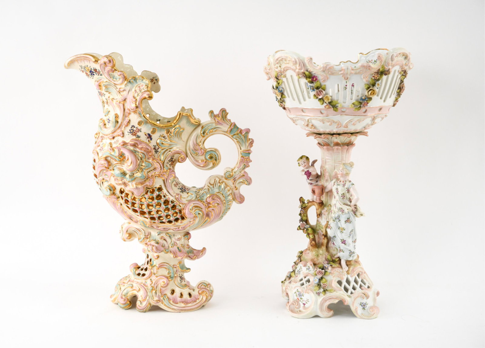 PORCELAIN GROUPING: Including a European figural pedestal basket and an Italian Mid-Century fancy ewer. Dimensions: Larger: H 18" x D: 10.5" Condition: Normal losses and chips to flowers, hairline cracks and crazing.