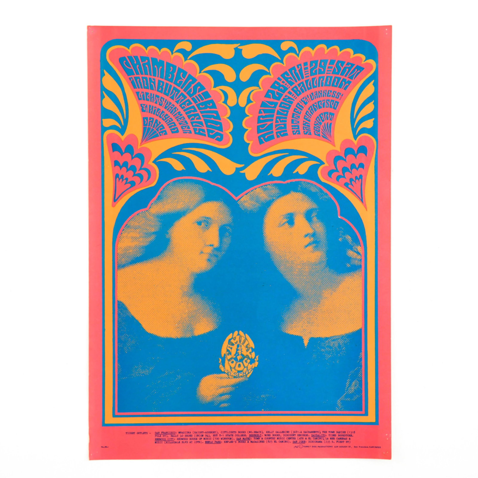 FD 59-1 CHAMBERS BROTHERS/IRON BUTTERFLY POSTER: Family dog presents: The Chambers Brothers and Iron Butterfly at the Avalon Ballroom. Dimensions: H 20" x W 13.75" Condition: Pin holes to all corners, toning to back, bends to left, bottom corner.