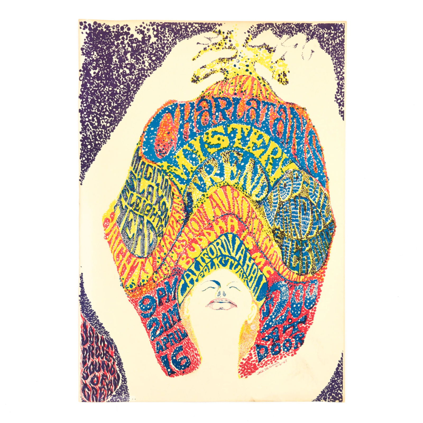 THE CHARLATANS CONCERT POSTER 1967: The Charlatans Poster at California Hall, 1967, appearing with the Mystery Trend, Slaxon, "the Slight-of Head Magician" and Wanda & Her Birds. Art by Jack DeGovia, image is featured in the Art of Rock