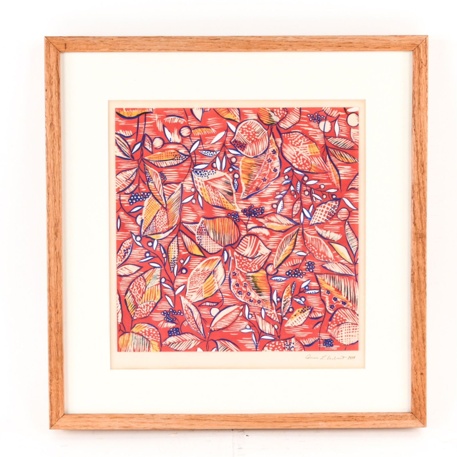 WOODCUT TEXTILE DESIGN: Contemporary design of leaves, pen signed and dated 1977 on mat . Dimensions: Frame: H 16" x W 15.5" Paper: H 10" square Condition: Float mounted, backing with age toning.