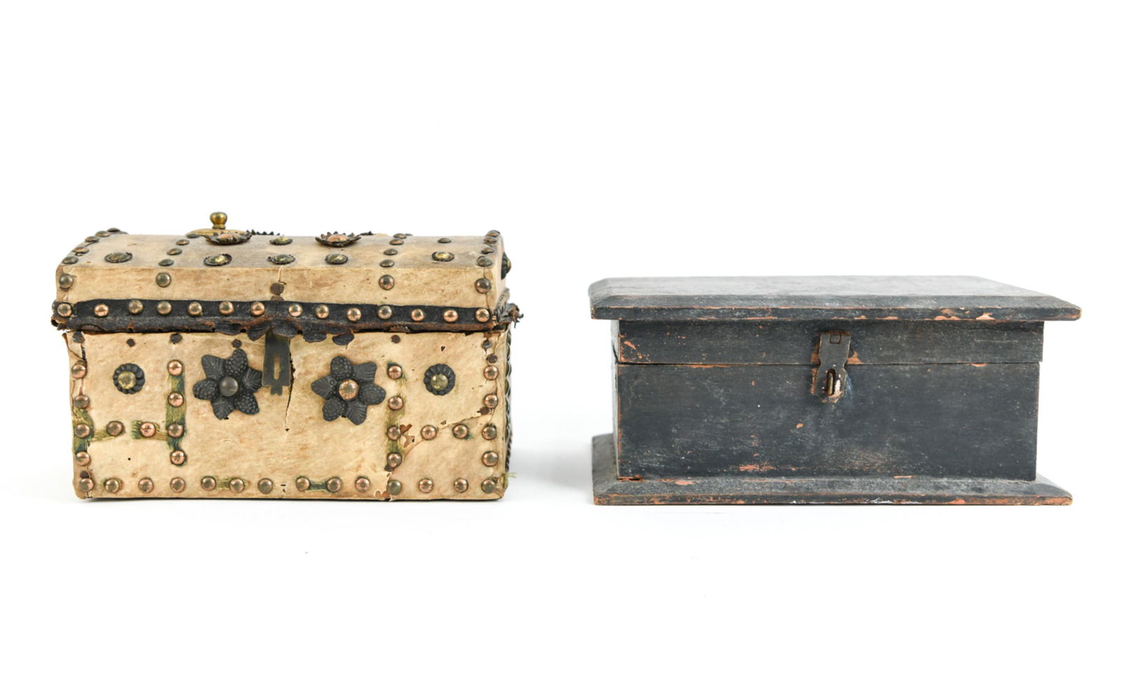 (2) DECORATIVE BOXES: Both vintage, one hide lined and studded the other wood. Dimensions: Larger: H 5" x W 8" x D 5" Condition: Losses, scuffs and scratches, missing handle.