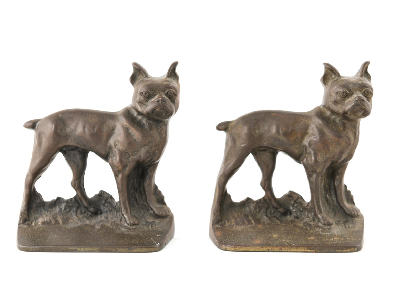 CAST BRASS BOSTON TERRIER DOG BOOKENDS: Dimensions: H 5.5" x W 5" x D 2" Condition: Nice patina, no issues to note.