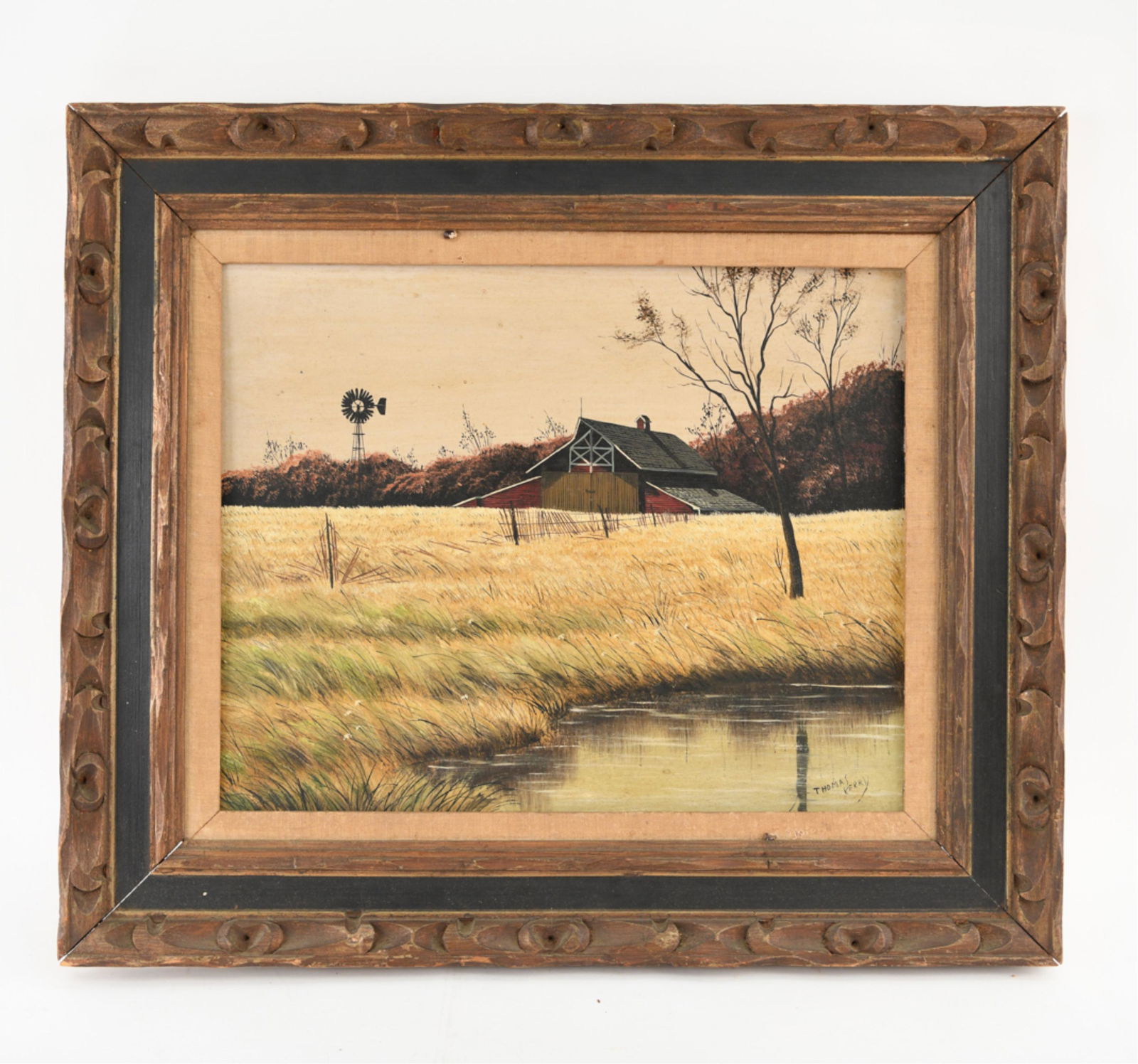 MODERN OIL ON BOARD FARM WITH BARN: Fall view. Signed Thomas Kerry. Dimensions: (Frame) H 24.5" x W 28", (Painting) H 16" x W 20" Condition: Dirty surface. Liner stained. Some rubs to frame.
