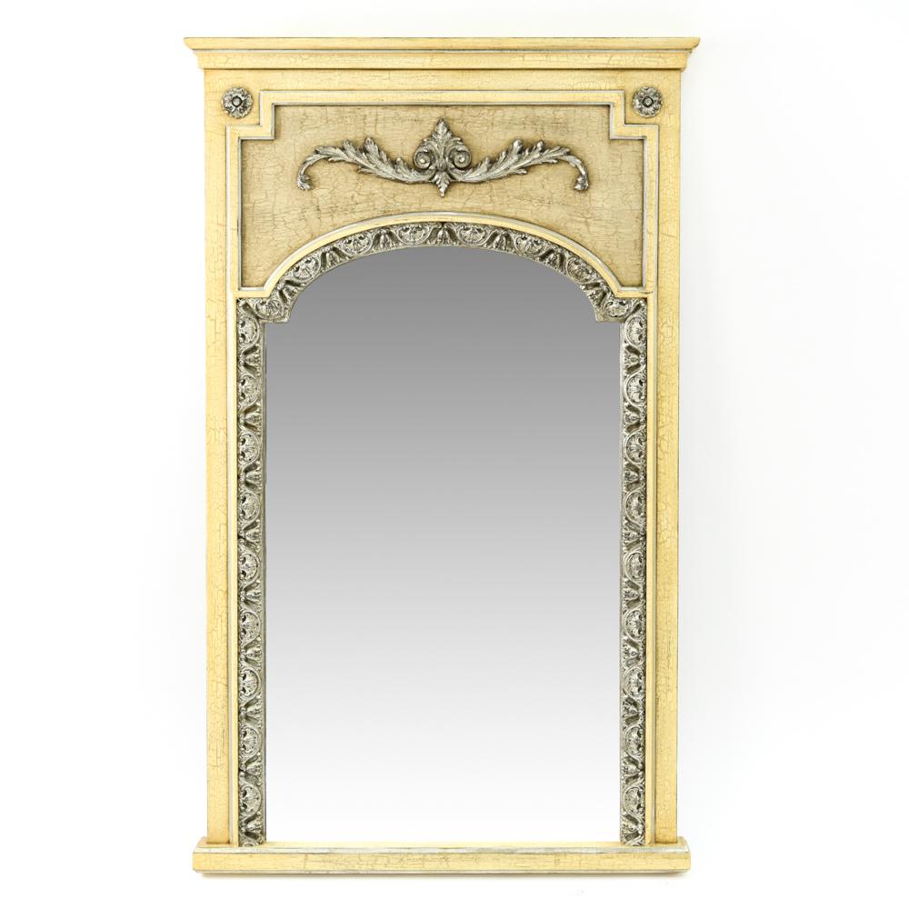 KERNS-WILCHECK MIRROR: Intentionally antiqued paint finish. Dimensions: H 52" x W 31.75" Condition: Couple light marks.