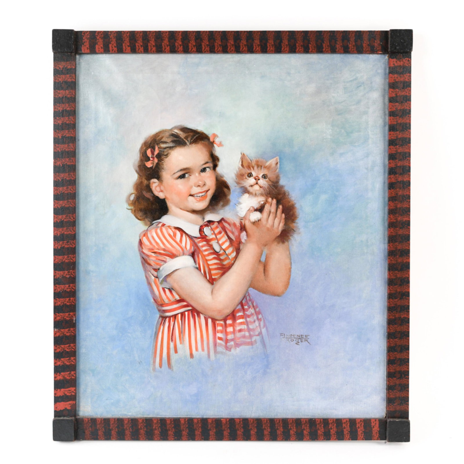 FLORENCE KEOGER "PET MAGAZINE" O/C 1930-1960: Signed Florence Roger. Dimensions: (Frame) H 31" x W 27" (Canvas) H 28" x W 24" Condition: Recently varnished, some stretcher rubbing.
