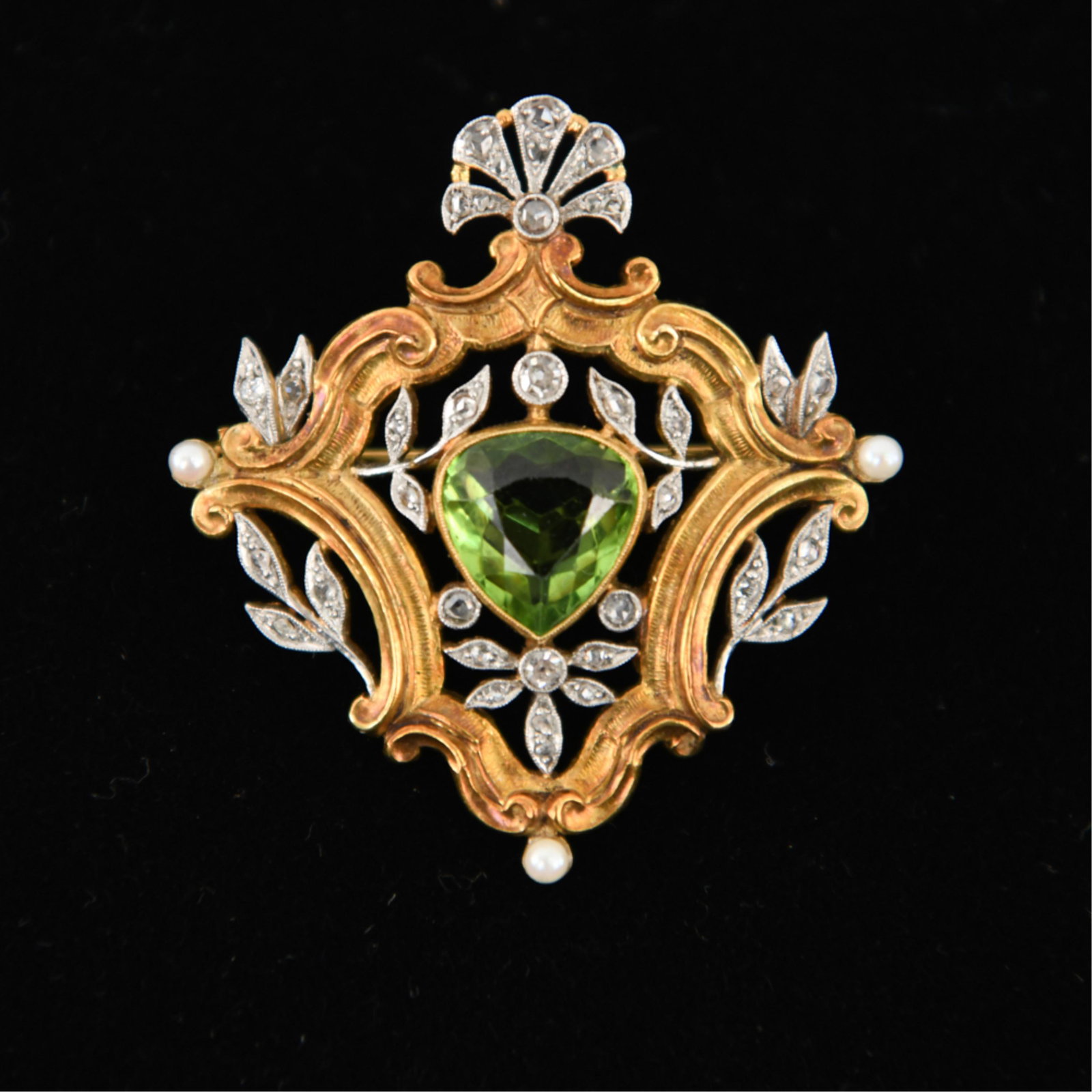 ANTIQUE GREEN CITRINE, PEARL & DIAMOND BROOCH (1 of 4)