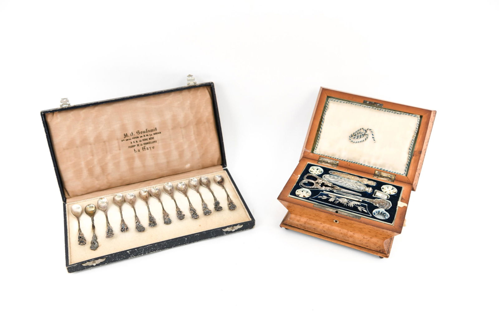 ANTIQUE STERLING SILVER & BURL SEWING BOX ETC (1 of 12)