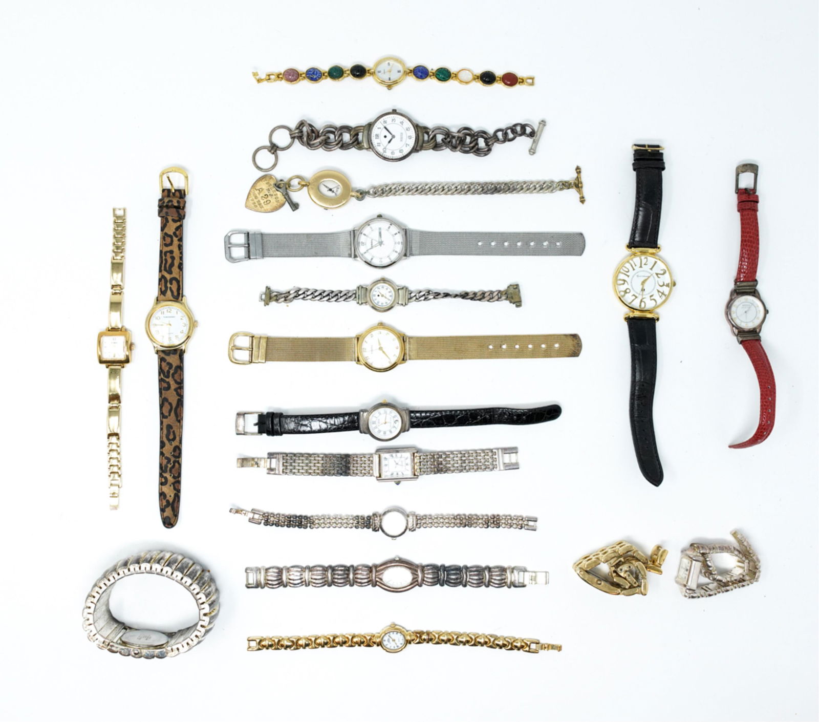 GROUPING OF LADIES DESIGNER WATCHES: Including Gloria Vanderbilt, Anne Klein, Alto, Fossil, a few with sterling silver parts, etc. Dimensions: L 9" x W 0.75" Condition: All used and untested.