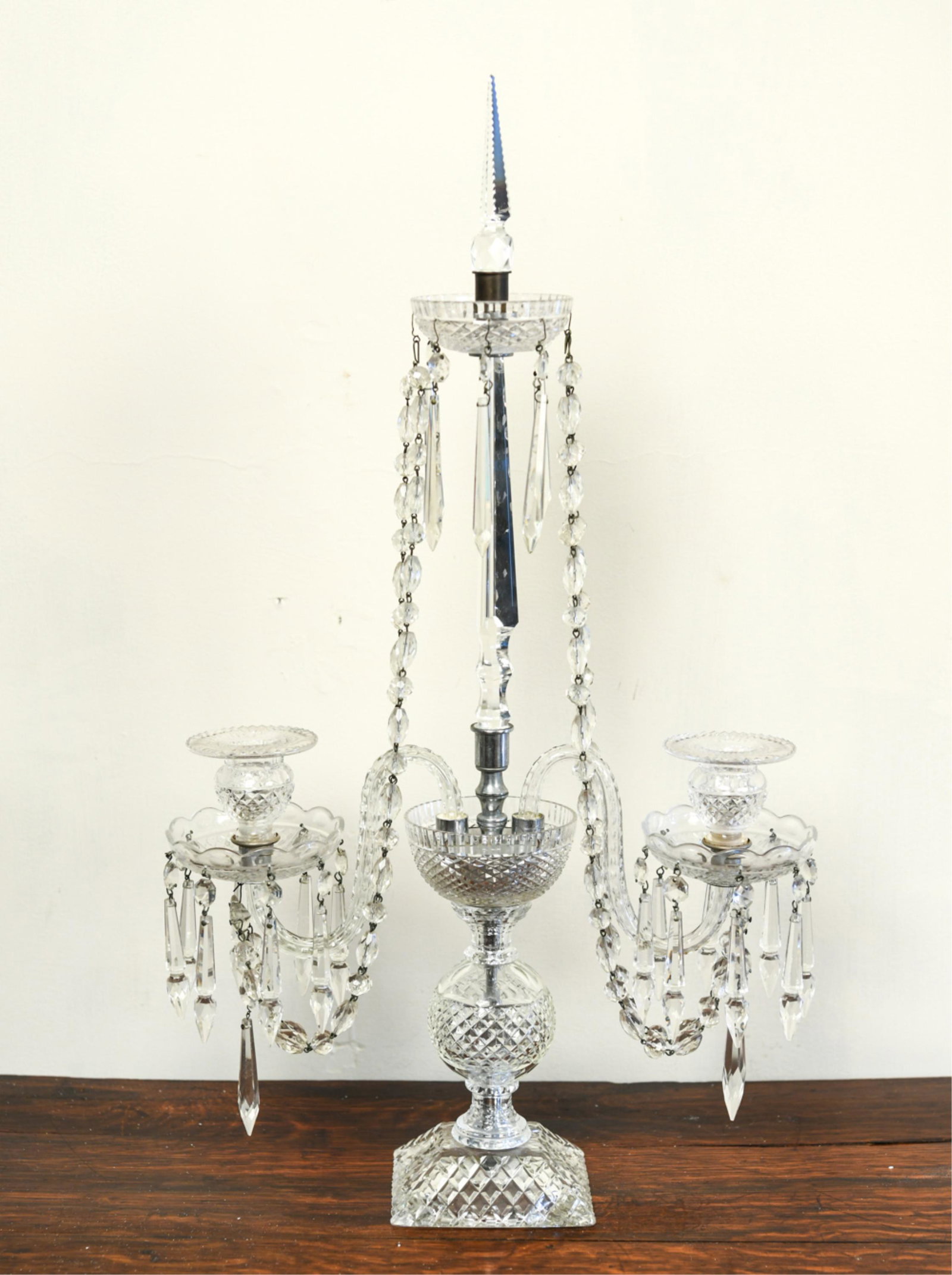 CRYSTAL CANDELABRA: Dimensions: H 25" x W 15" x D 5" Condition: Very light wear from age and use, minor chips to the crystals, One chip to base