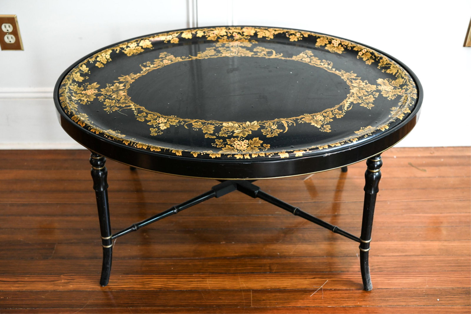 TRAY TABLE: Faux bamboo table. Dimensions: H 19.5" x W 38" x D 30" Condition: Some paint wear. Scuffs, marks. Surface dirt.