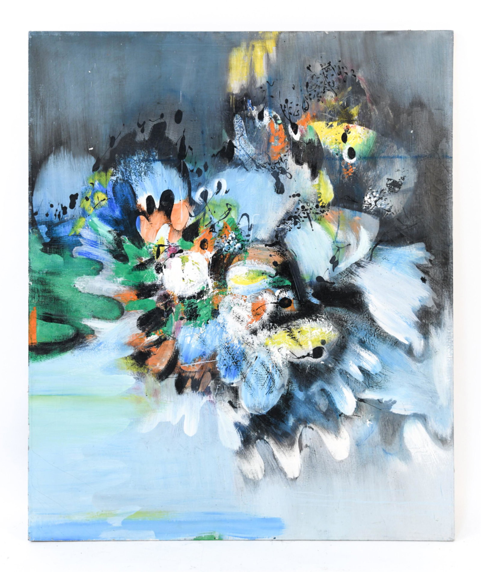 LUCIA WILCOX MONUMENTAL ABSTRACT O/C 1963: Dated 1963 verso. Dimensions: H 60" x W 50" Condition: Some crackling and paint loss.