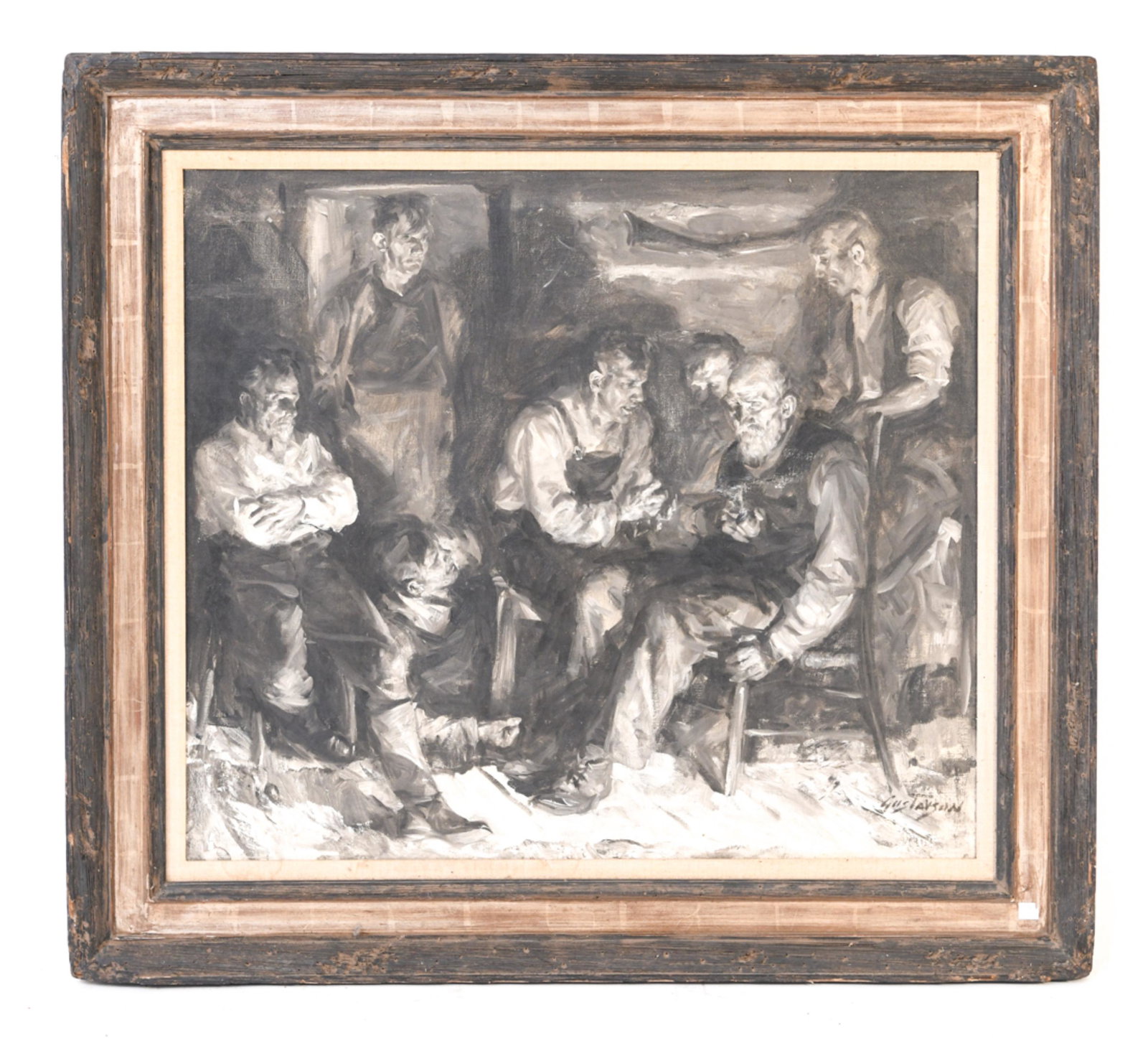 LELAND K. GUSTAVSON (1894-1966) O/C ILLUSTRATION: Label on backing with artist name, titled "The Storyteller", medium. Signed lower right. Illustration oil on canvas. Dimensions: (Frame) H 36.5" x W 40.5", (Sight) H 28" x W 32" Condition: Wear and lo