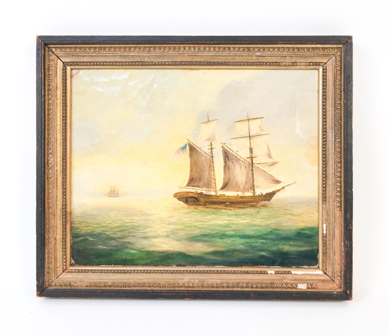 19TH C. SHIP PAINTING: Clipper ship, possibly repainted. On English canvas. Ship presently has American flag and name Baltimore on stern. Signed Rogier front right bottom corner. Labeled on back Baltimore Clipper 1850/1860.