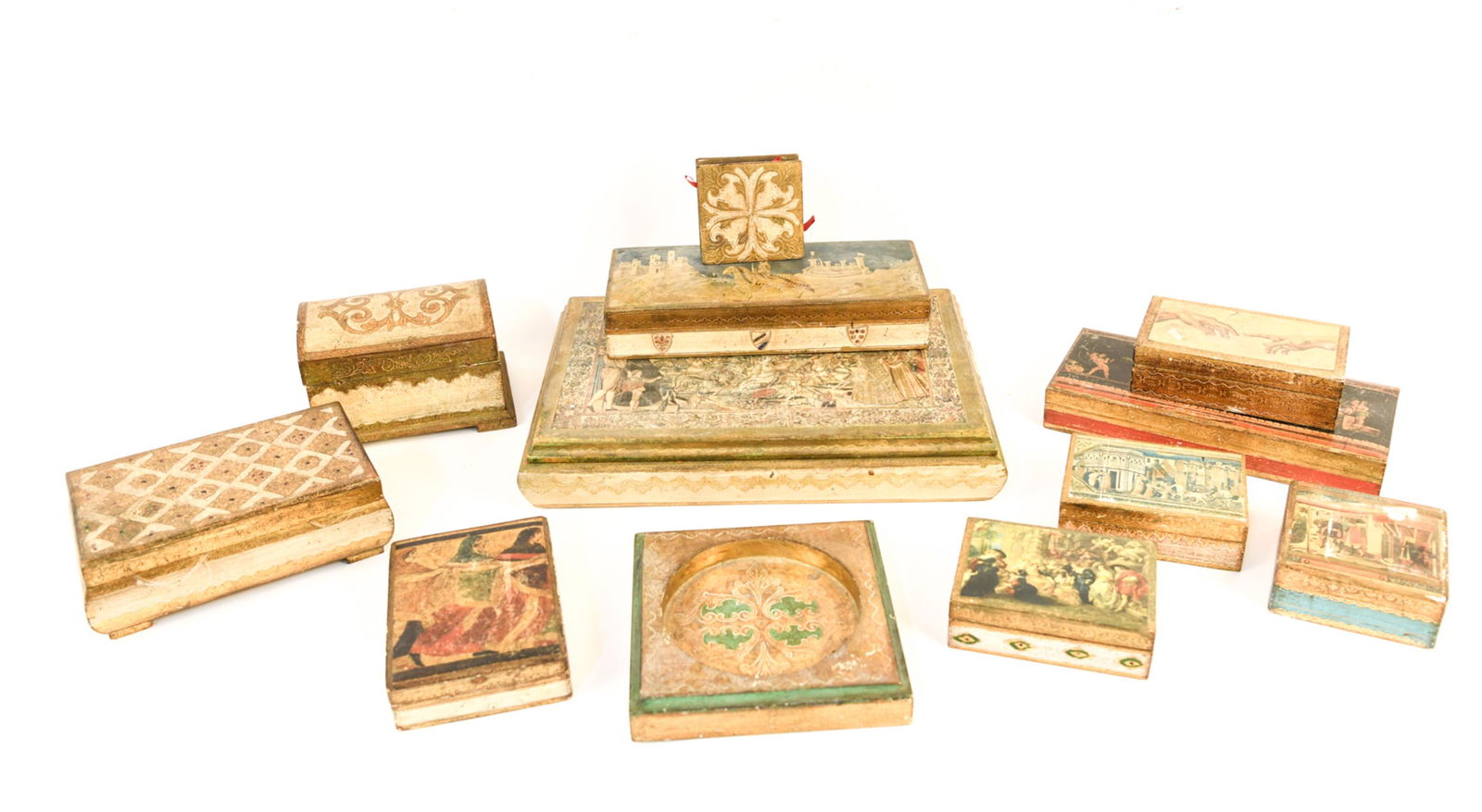 ITALIAN FLORENTINE BOX GROUPING: Including Made in Italy. Dimensions: (Largest) H 11.5" x W 17" x D 3" Condition: Wear consistent with age and use including scratches, nicks, chips and paint loss. Foxing to mirror on large box. Dome
