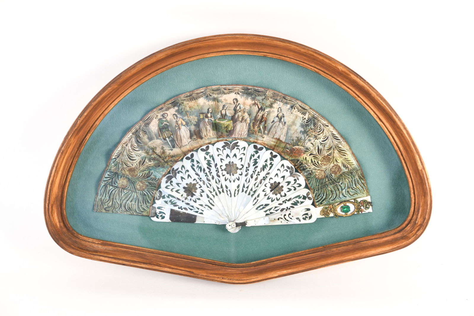 FRAMED ANTIQUE PAINTED MOTHER OF PEARL HAND FAN (1 of 5)