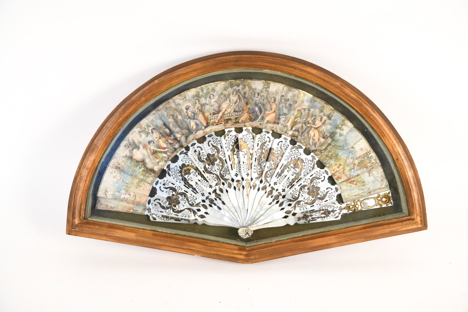 FRAMED ANTIQUE PAINTED MOTHER OF PEARL HAND FAN (1 of 7)