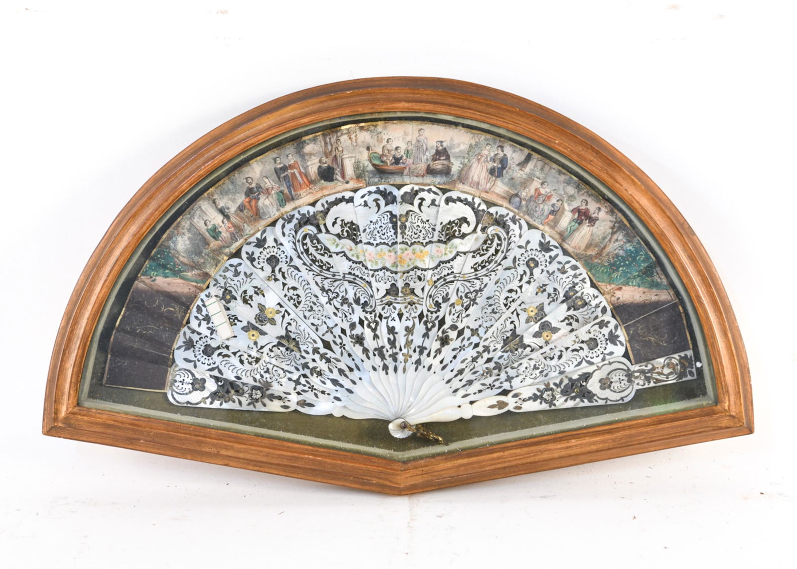 FRAMED ANTIQUE PAINTED MOTHER OF PEARL HAND FAN (1 of 9)