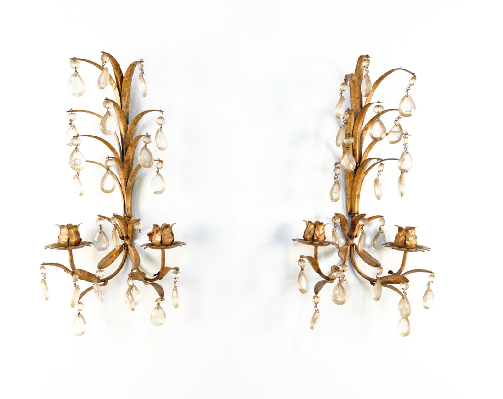 PAIR OF TOLE METAL DROP CRYSTAL WALL SCONCES (1 of 13)
