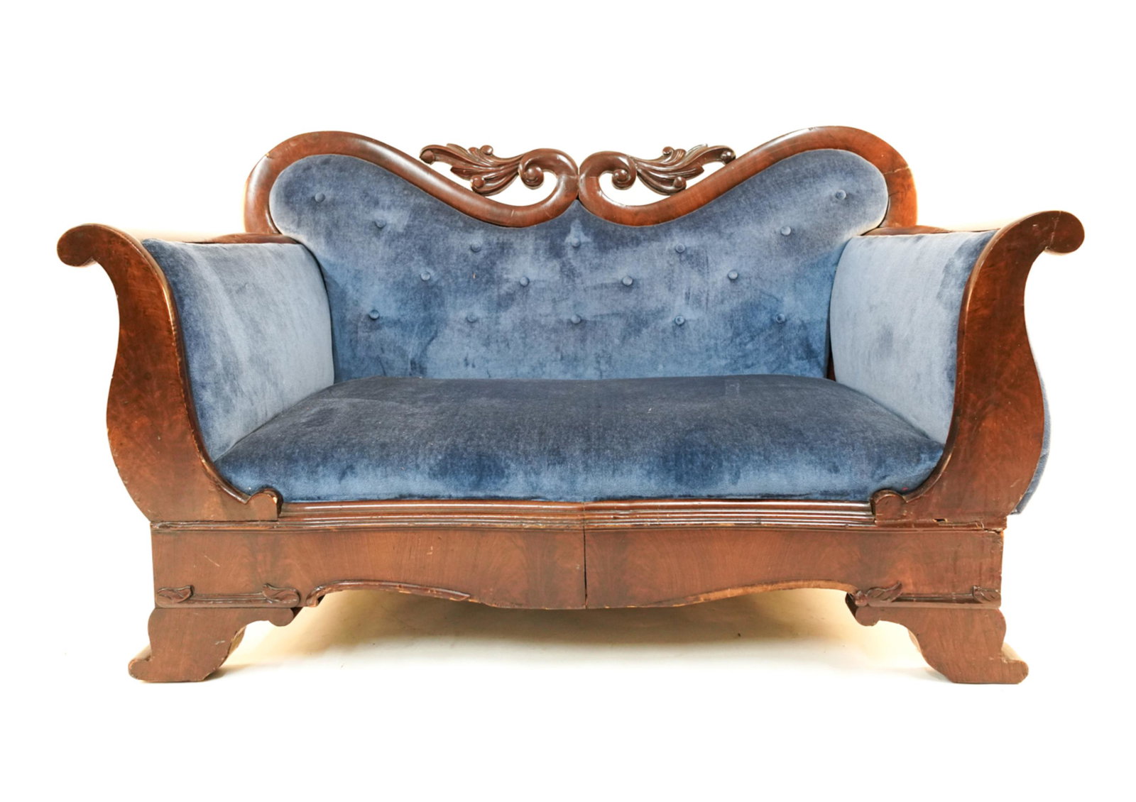 SMALL ANTIQUE BLUE UPHOLSTERY SETTEE: Dimensions: H 30.5" x W 54" x D 27" x SH 13" Condition: Showing signs of age and small repairs.