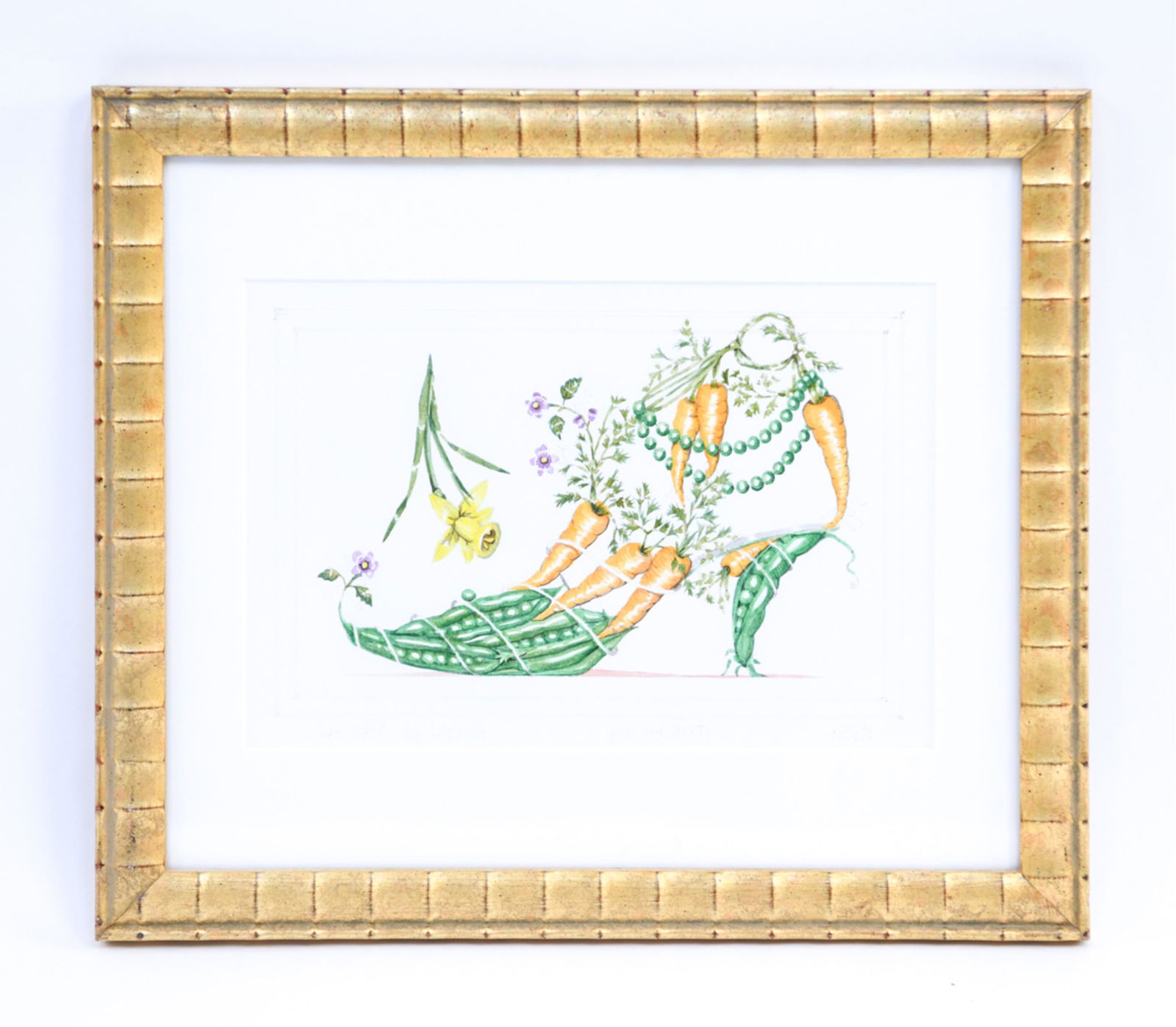 PEAS AND CARROTS SHOE WATERCOLOR: Signed and titled "Peas and Carrots." Dimensions: (Frame) H 12.5" x W 14.5" (Sight) H 7" x W 10" Condition: Some fading to artwork. Very minor ding at top left corner of frame.