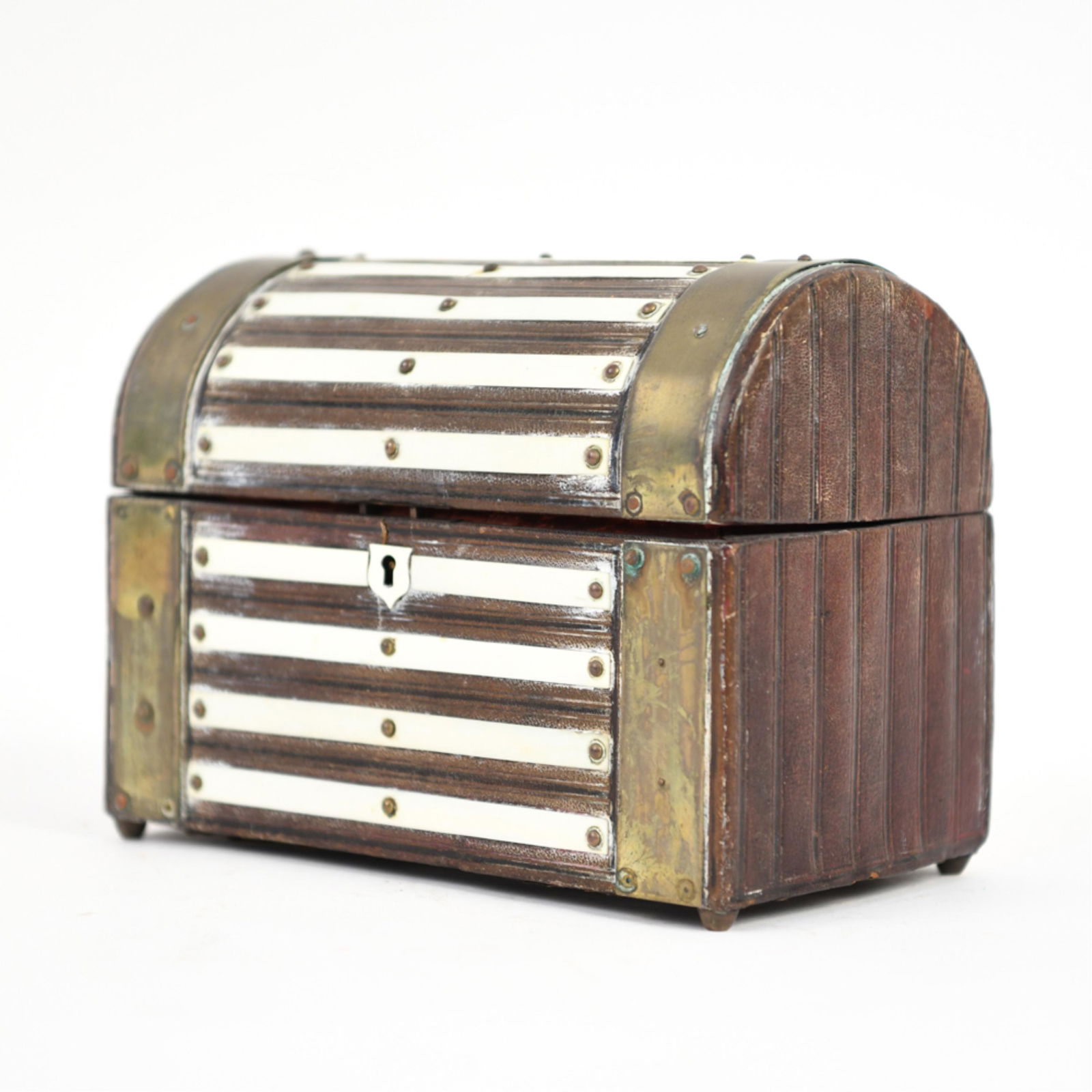 MIDDLE EASTERN LEATHER, BRASS, BONE BOX: Antique. Dimensions: H 6.5" x W 8.25" x D 4.75" Condition: Leather coming loose. Missing piece of brass. Tarnish.