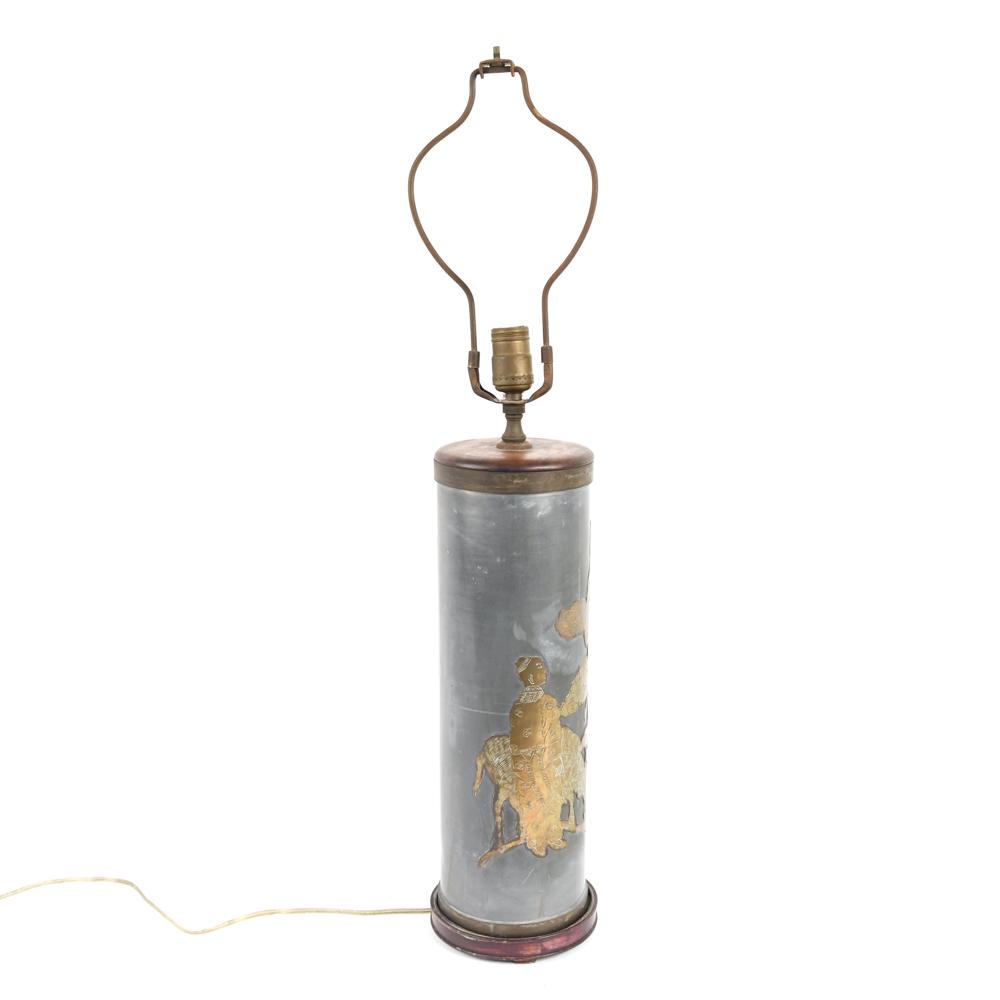 CHINESE PEWTER AND BRASS LAMP: Wallpaper roller style. Dimensions: (Overall) H 30" x Dia. 5" Condition: Scuffs, scratches, and dents. Untested.