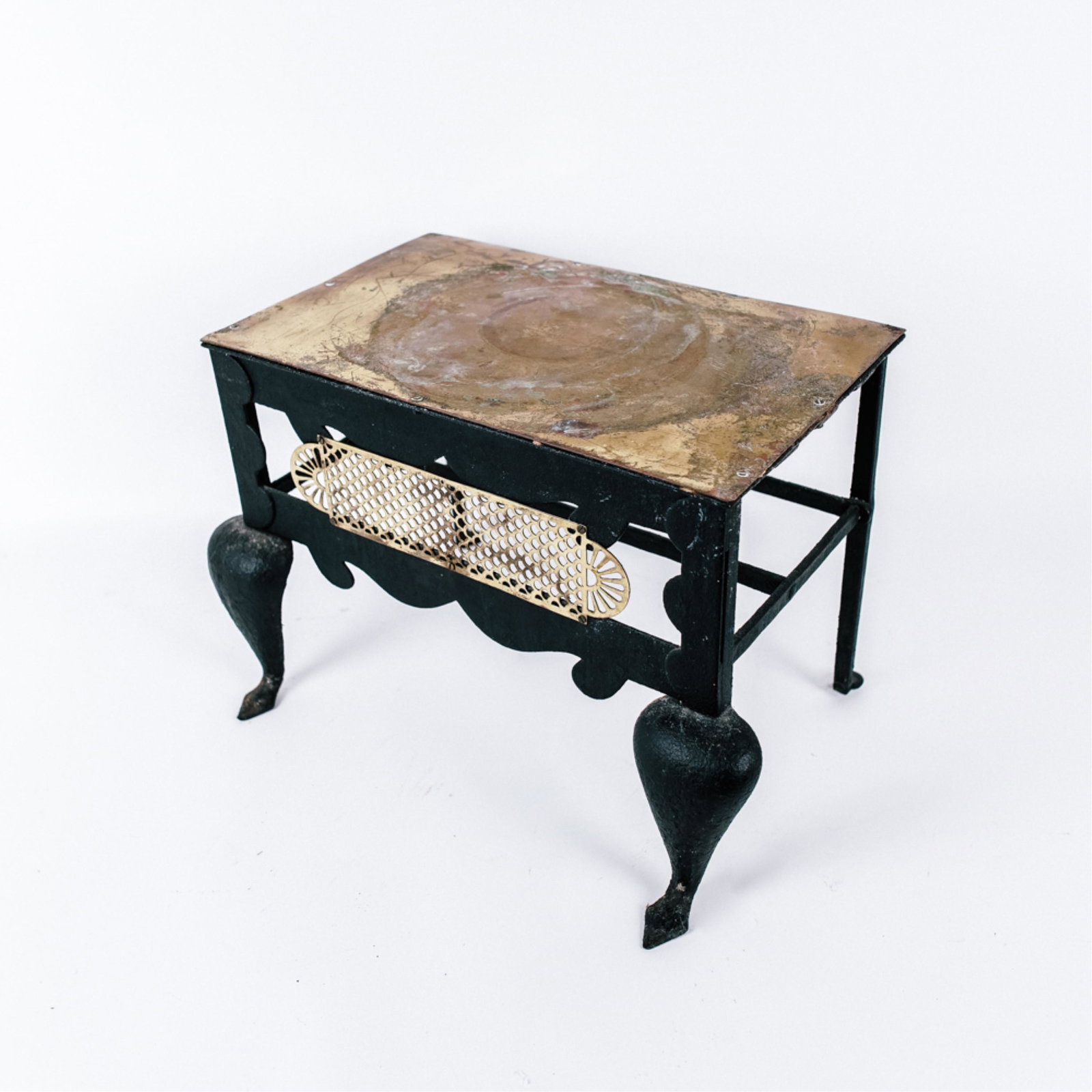 FIREPLACE TRIVET: Dimensions: H 13.25" x W 20.5" x D 11.25" Condition: Wear consistent with age and fireplace use including tarnishing to brass, scratches and minor dents.