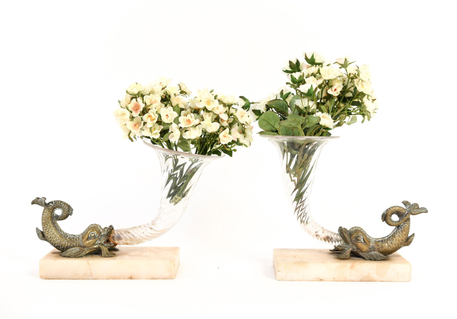 (2) MARBLE AND BRASS DOLPHIN EPERGNE GLASS VASES (1 of 15)