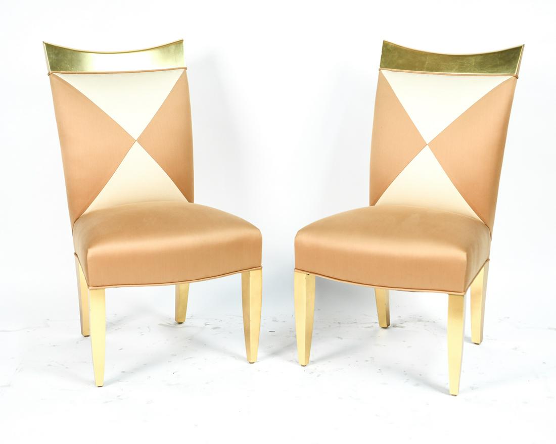 PAIR OF DONGHIA STANCE SIDE CHAIRS: Designed with a distinct pattern reminiscent of classic harlequin motifs, these electric side chairs are upholstered in a blend of peach and ivory fabrics whose warm tones relate beautifully to the go