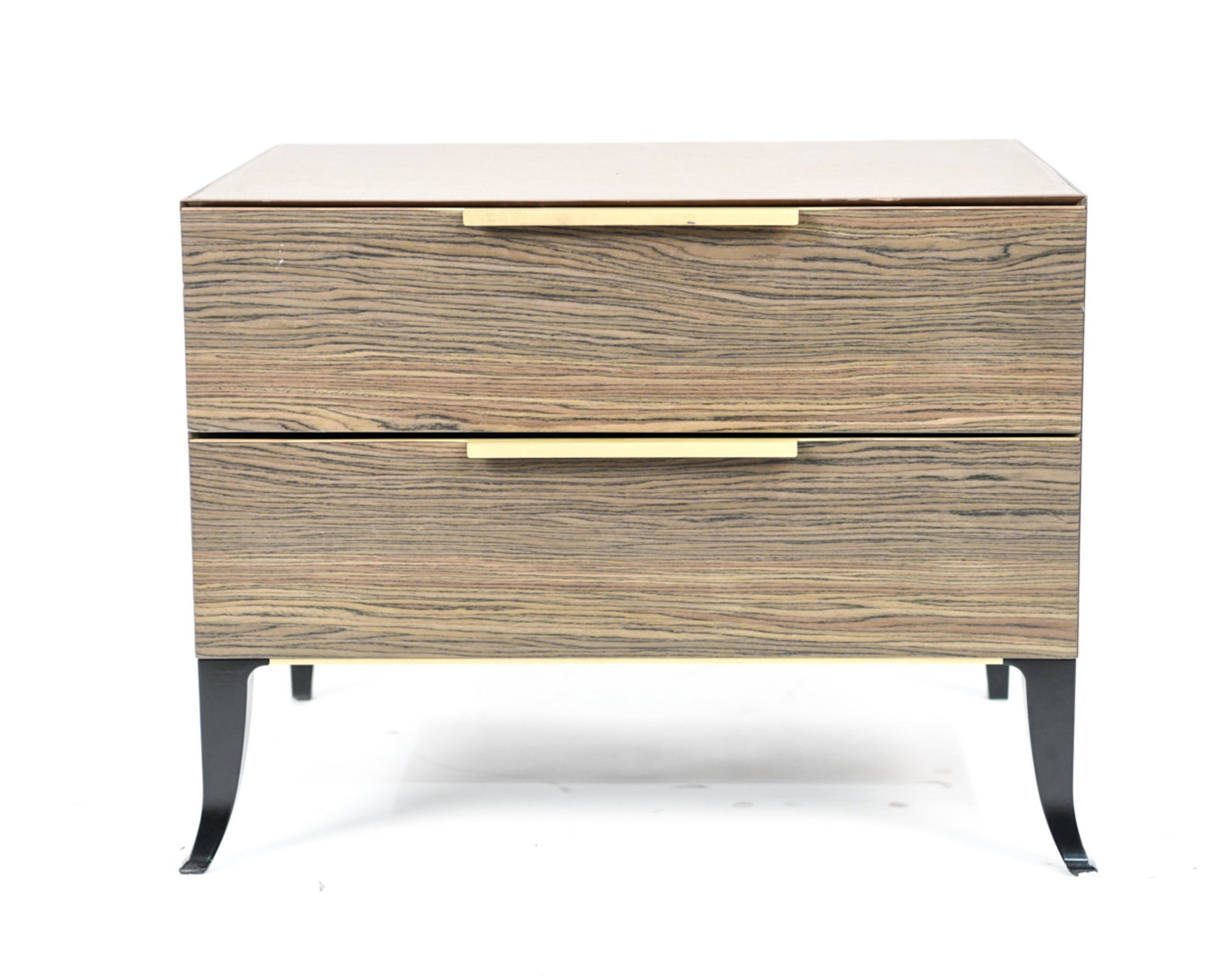 DONGHIA SPEZIER NIGHTSTAND: A nightstand with a leather top. The elegance of this wood and leather combination will help accentuate any bedroom. Dimensions: H 20" x W 25.5" x D 20.5" Condition: Nicks and losses to the drawer and