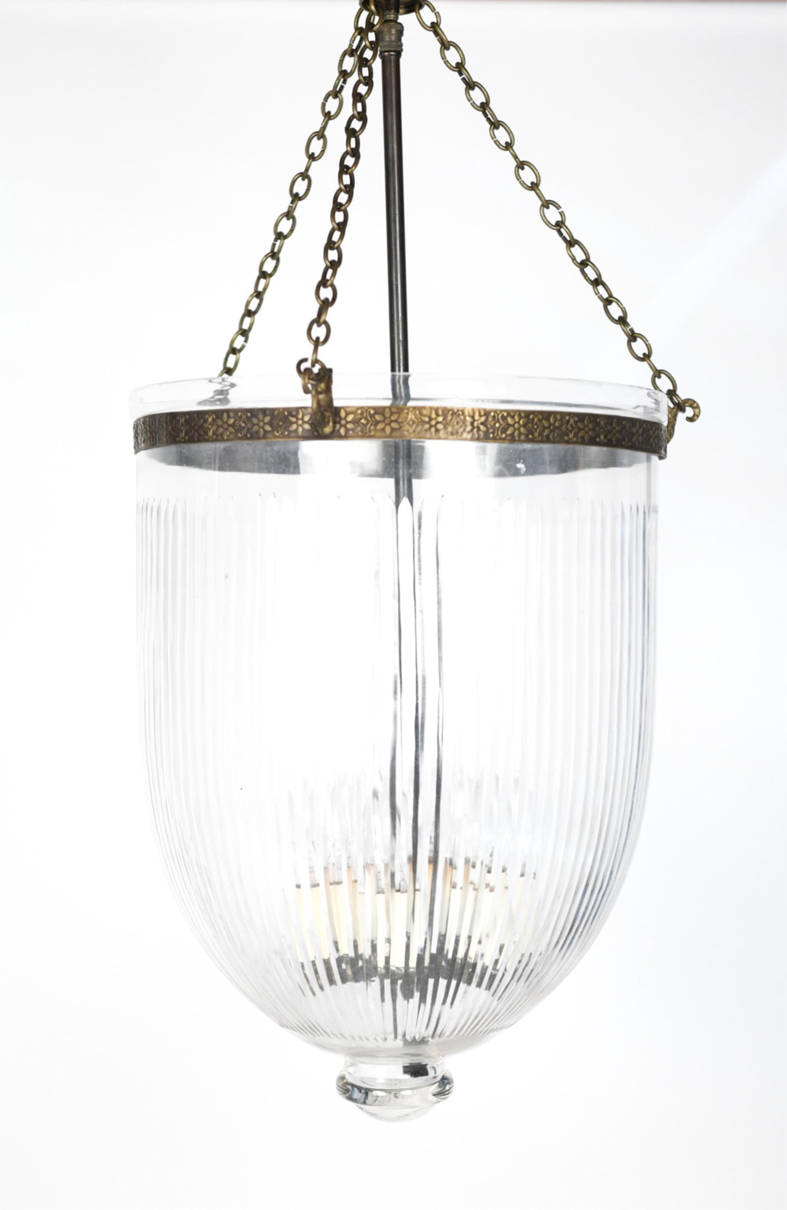 DONGHIA CAPTAINS PENDANT CHANDELIER: Dark brass captains chandelier. With six lights. Dimensions: H 31" x Dia. 16" Condition: Possibly missing top pane of glass.