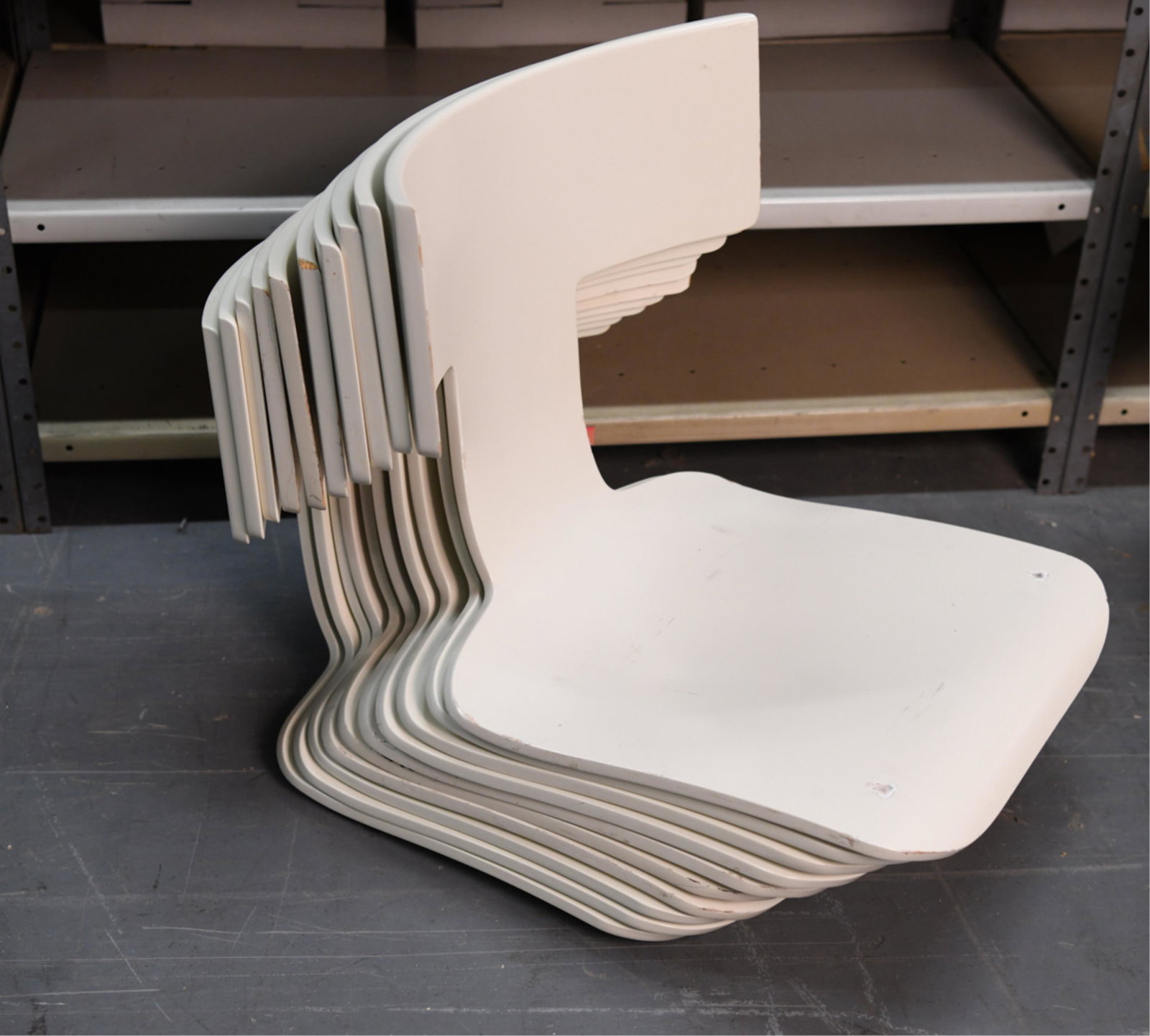 (10) DONGHIA ANZIANO CHAIR SEATS: A bentwood klismos silhouette. Color, ivory lacquer. Dimensions: (Each) H 16.5" x W 17" x D 20" Condition: Showing some signs of use including a few surface marks. Wear to some edges including small l