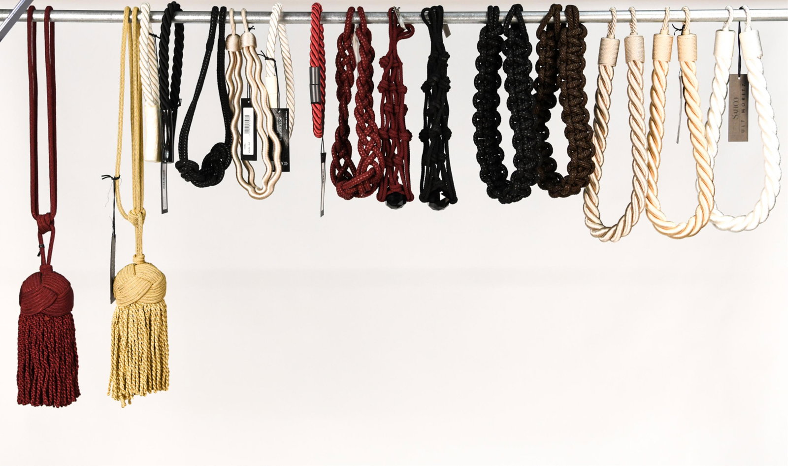 GROUPING OF ULF MORITZ FOR SAHCO CURTAIN TIEBACKS: Some new with tags. Dimensions: (Red tassel) L 28" Condition: Some minor handling wear.