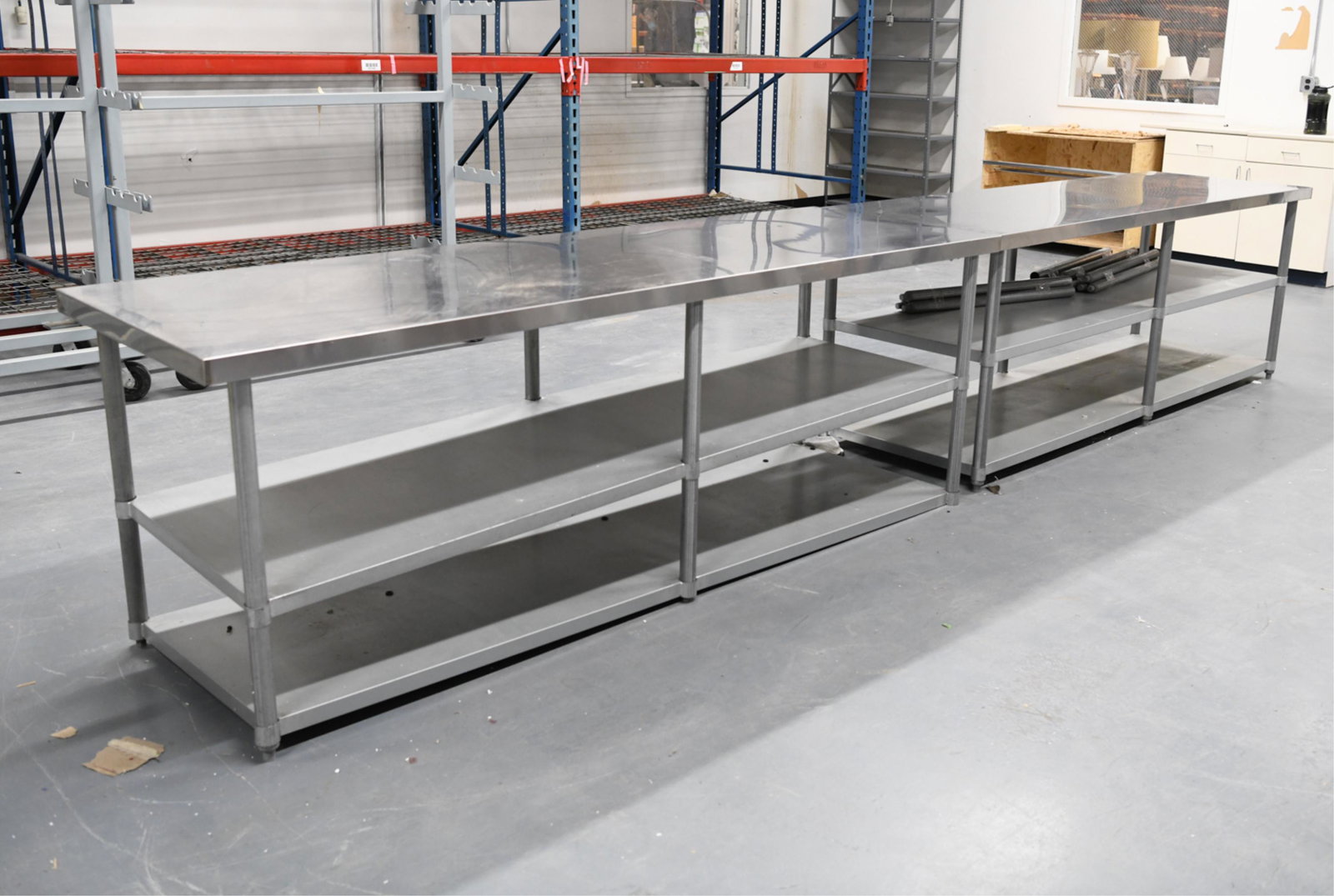 (2) SANI SAFE INDUSTRIAL TABLES: Industrial metal base and tabletop tables. Dimensions: 34" x W 96" x D 30" Condition: Wear consistent with age and use as shown.