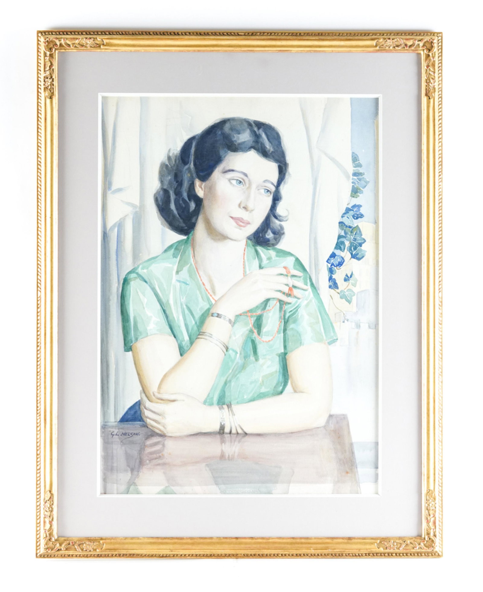 GEORGE NELSON, AMERICAN (1887-1978) WATERCOLOR: Watercolor portrait of a woman. Pensive woman at a window. Signed lower left. Well framed. Dimensions: (Frame) H 36" x W 27.5", (Sight) H 26.75" x W 18.75" Condition: Some slight age toning to edges. 