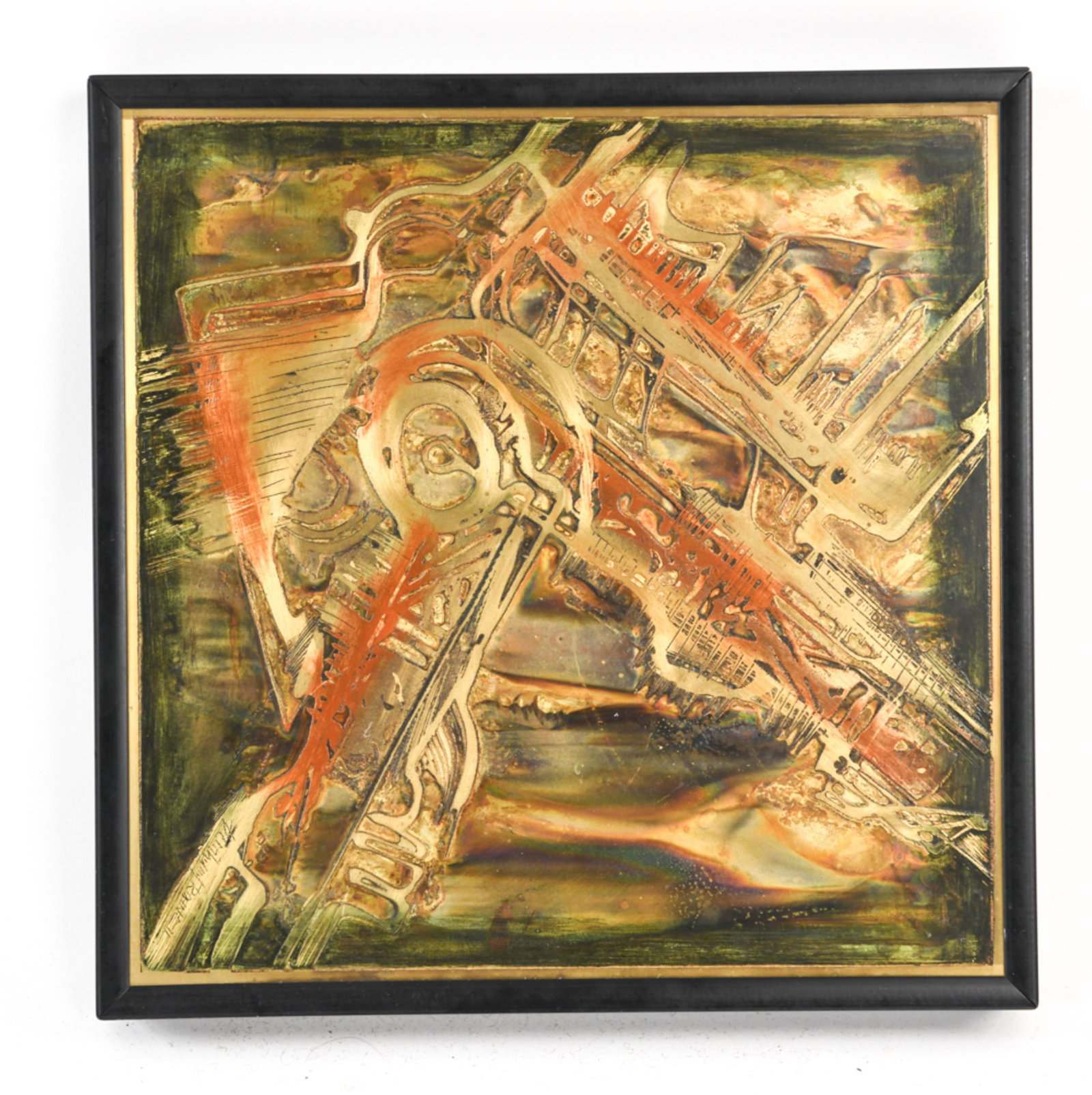 BERNARD ROHNE ACID ETCHED METAL SCULPTURE: Signed lower right. For MD Design. Dimensions: (Frame) H 11.5“ x W 11.5", (Sight) H 10.5" x W 10.5" Condition: Couple light surface scratches.