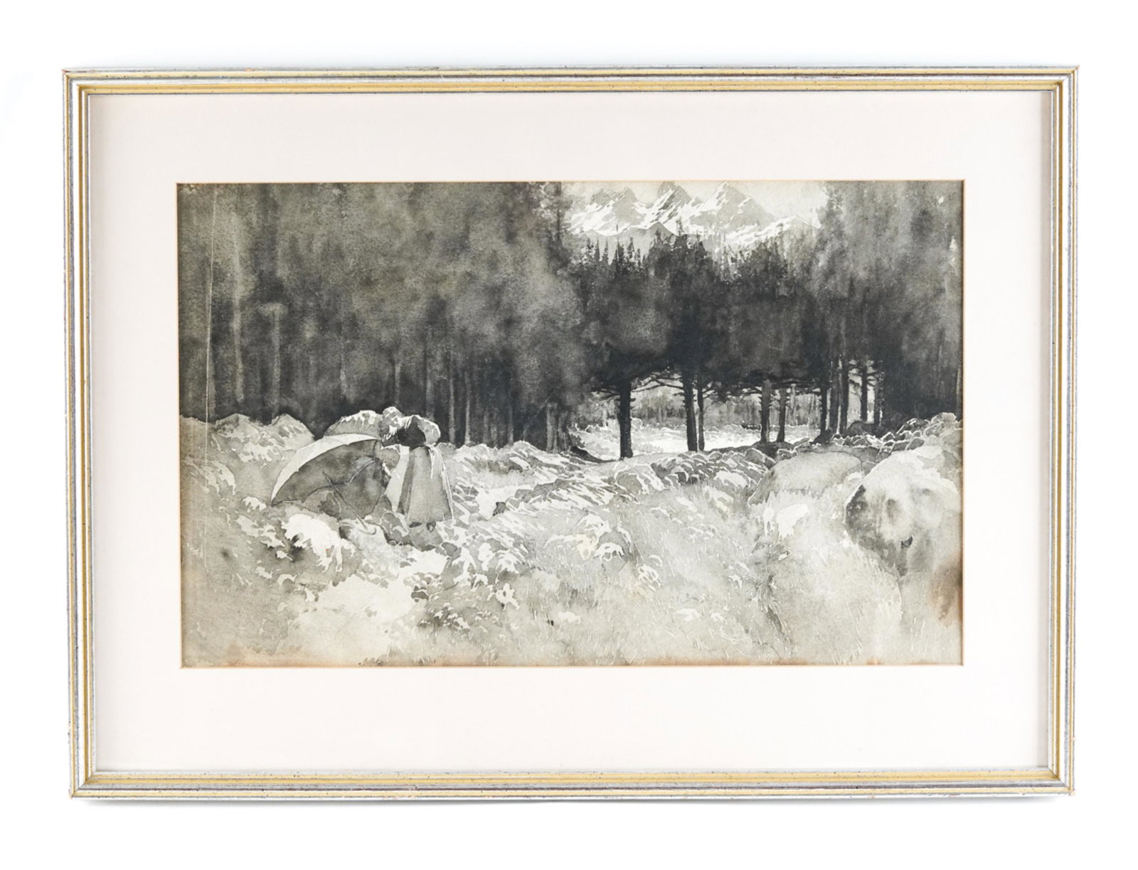 ATTR. JOSEPH PENNELL WATERCOLOR IN GRISAILLE: Apparently unsigned. Information on back of the framing. Unexamined out of frame. Dimensions: (Frame) H 19.5" x W 27.5", (Sight) H 13" x W 21" Condition: Some toning present at borders of matting. Fol