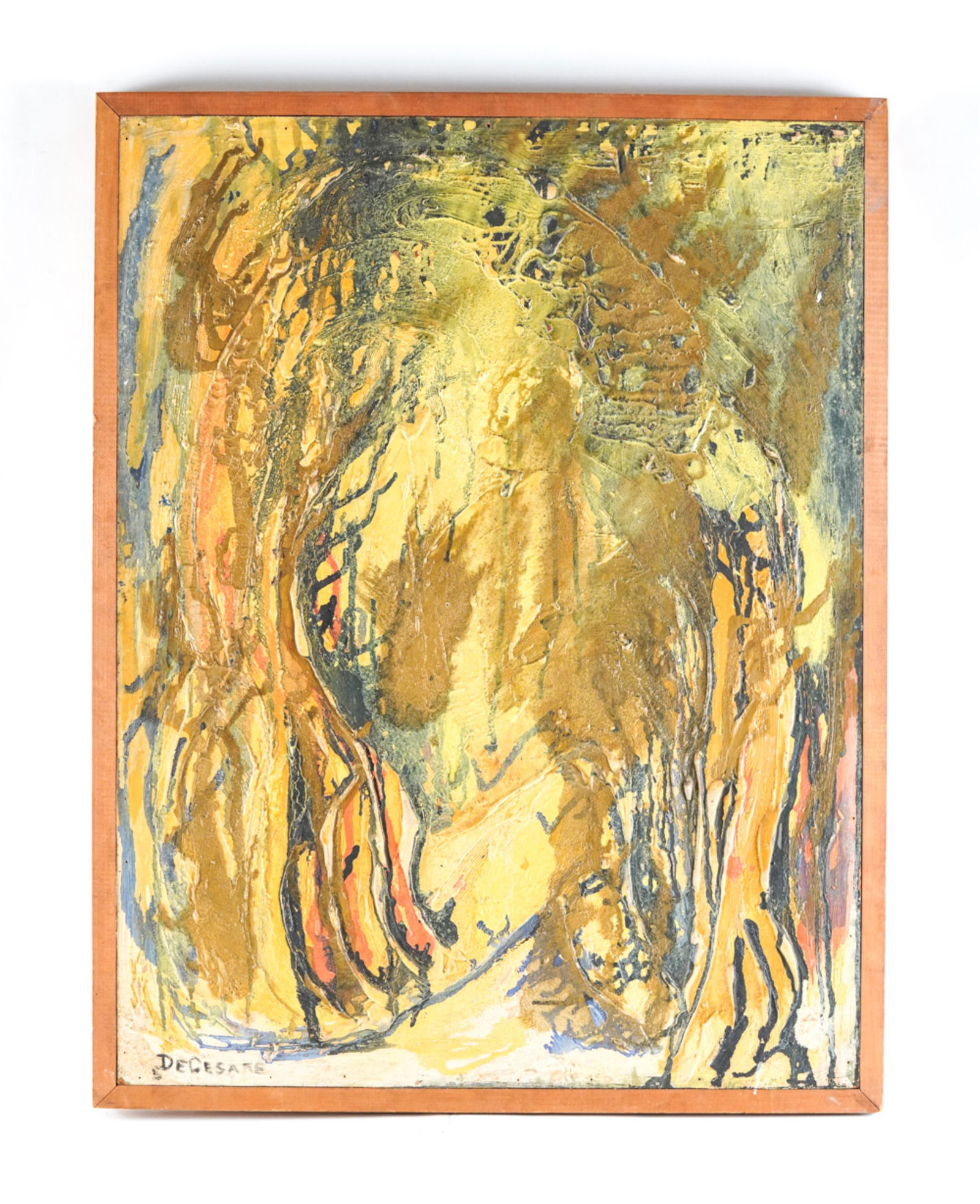 BERNADETTE DECESARE PAINTING ON MASONITE: Signed lower left. Painting with impasto. Dimensions: (Frame) H 33" x W 26", (Masonite) H 31" x W 24" Condition: Unvarnished. Some rubbing. Dirty surface.