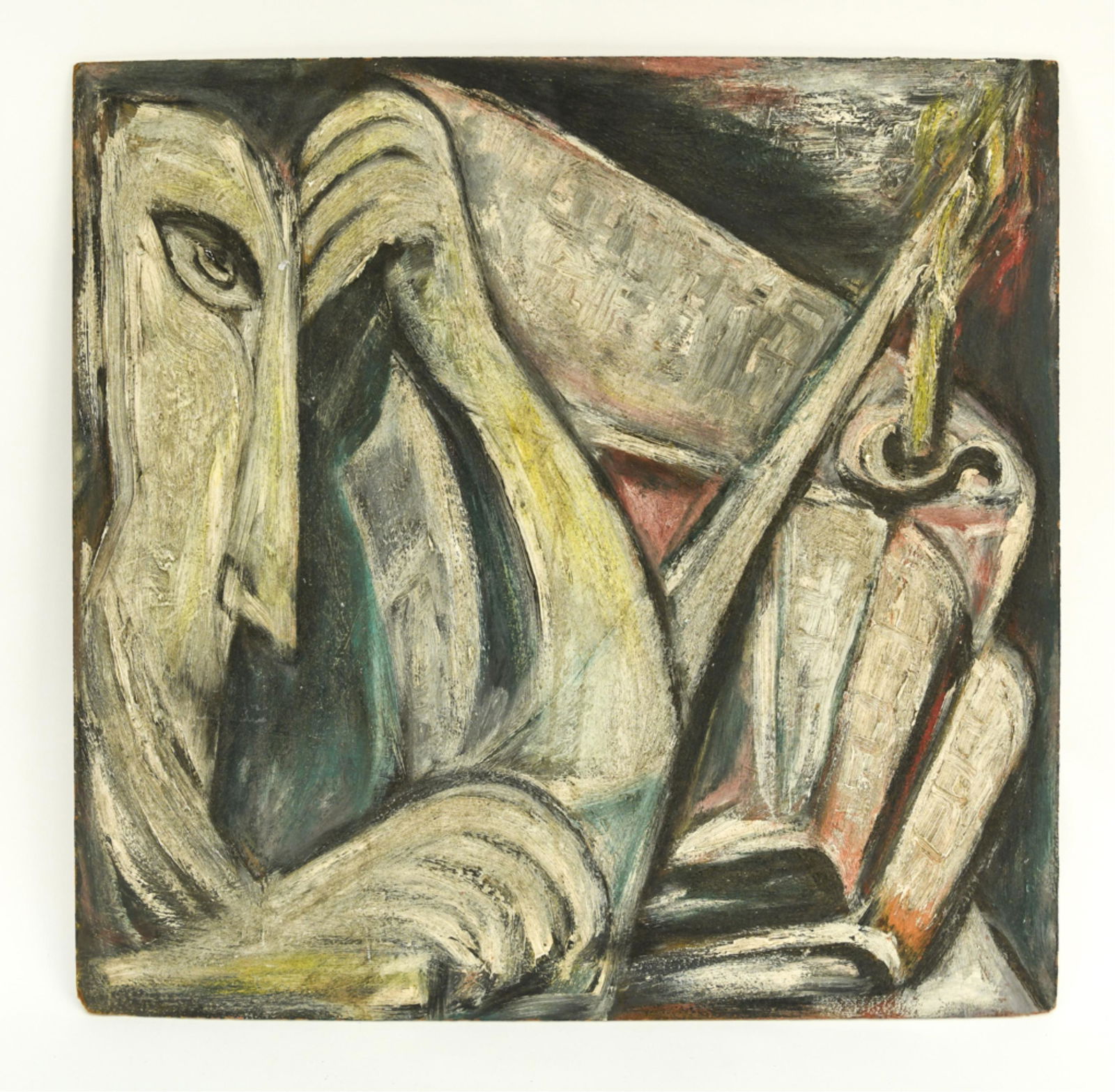 ABSTRACT PORTRAIT ATTR. BERNADETTE DECESARE: Oil on masonite. Unsigned. Noted XVII verso. Dimensions: H 24" x W 25" Condition: Unvarnished. Dirty surface.