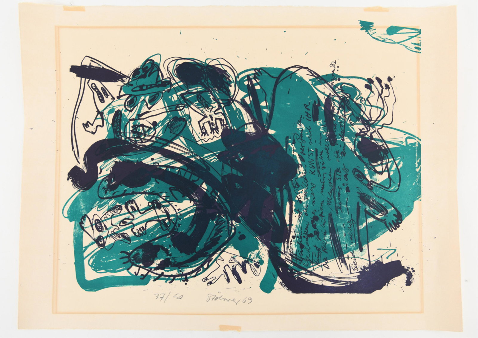 WALTER STOHRER (1937-2000) LITHOGRAPH: Abstracted lithograph, pencil signed and dated 69, numbered 37/50. Dimensions: Paper: H 22.25" x W 30.25" Condition: Age toned, mat burn and toning from two framing, old tape present, handling marks i