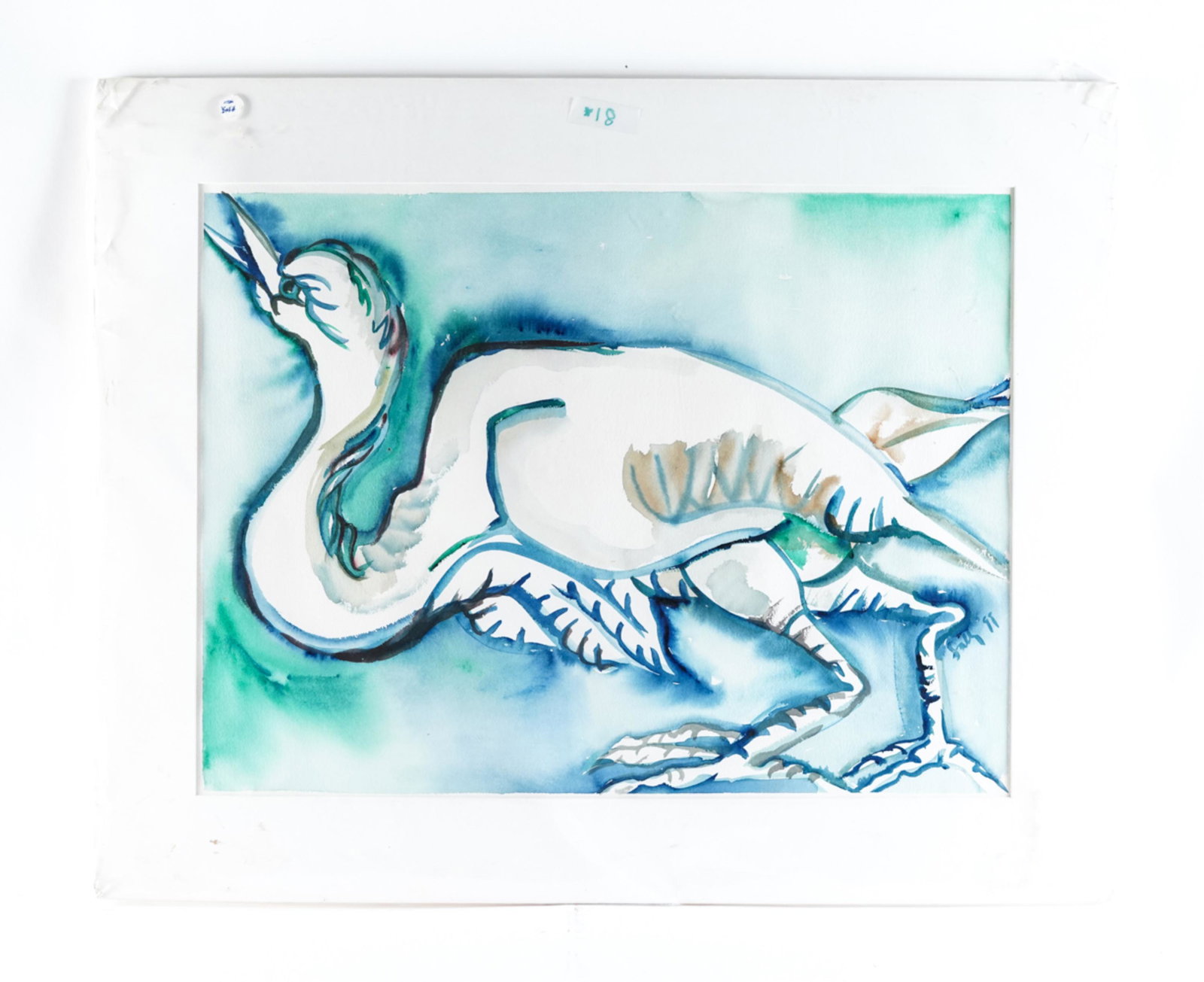 MODERN WATERCOLOR OF A DUCK: Indistinctly signed, dated '99. Abstract. Attribution on back to David Salle. Dimensions: (Mat) H 23.5" x W 29", (Sight) H 17" x W 23" Condition: Some warping to mat.