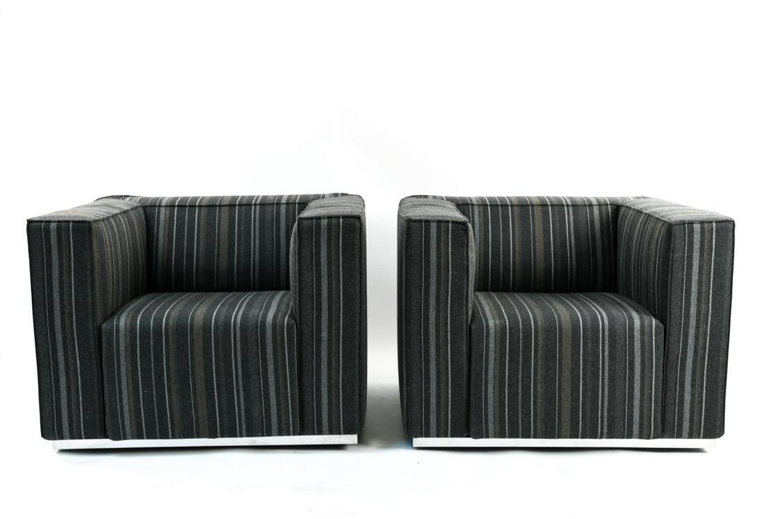 PAIR OF BLOX ARMCHAIRS BY CASSINA: In striped fabric. A pair of Cassina ‘180 Blox’ lounge chairs by Jehs and Laub. The Blox chair was designed by Markus Jehs and Jargon Laub for Cassina. Dimensions: H 26.75" x W 36.75" x D 30.5" x
