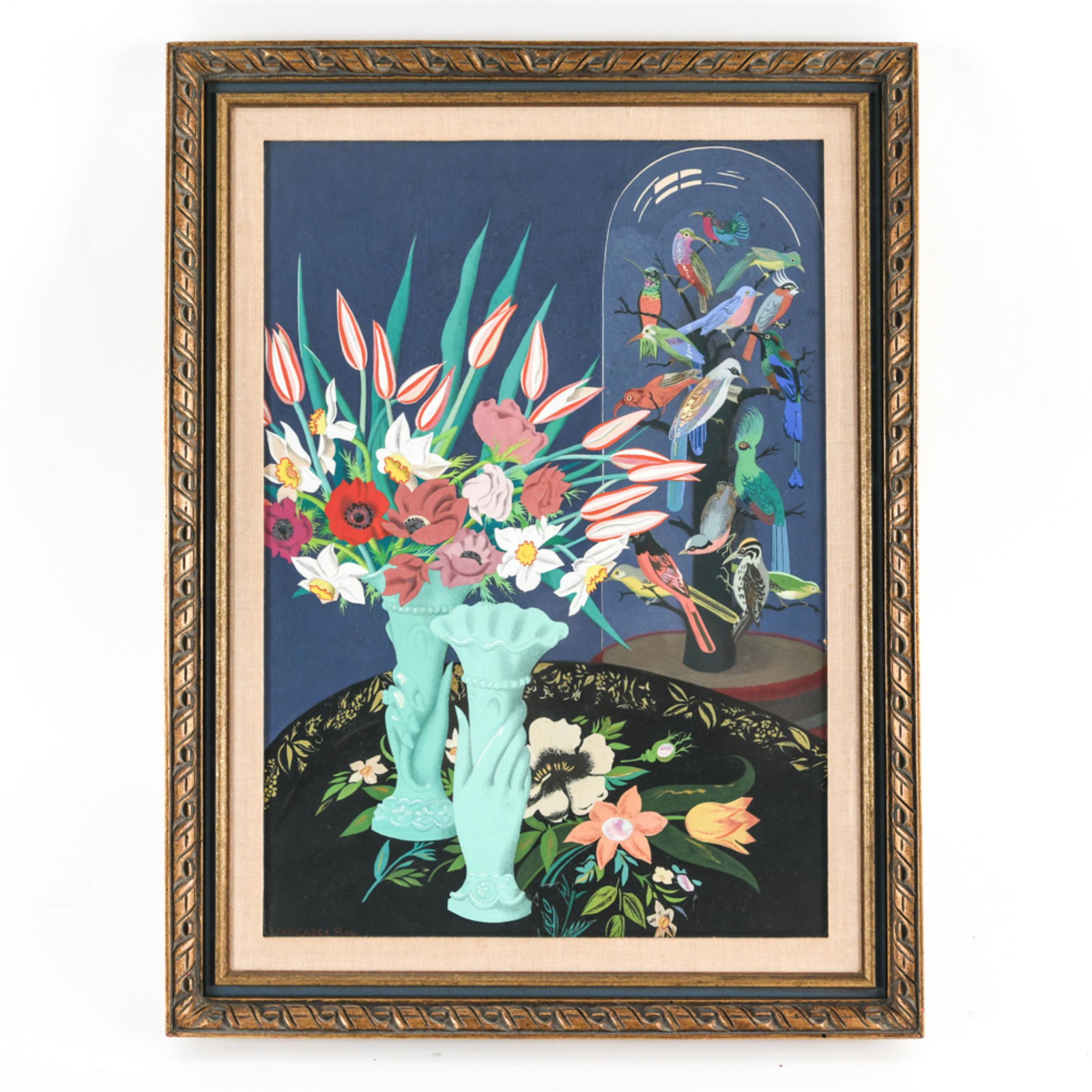 MARGARET BENEDICT BULL PAINTING ON PAPER: Signed lower left, label verso. Dimensions: (Frame) H 29" x W 22", (Sight) H 24" x W 16.75" Condition: No issues to note. M. B. Bull is most known as a painter of floral still life and her characteris