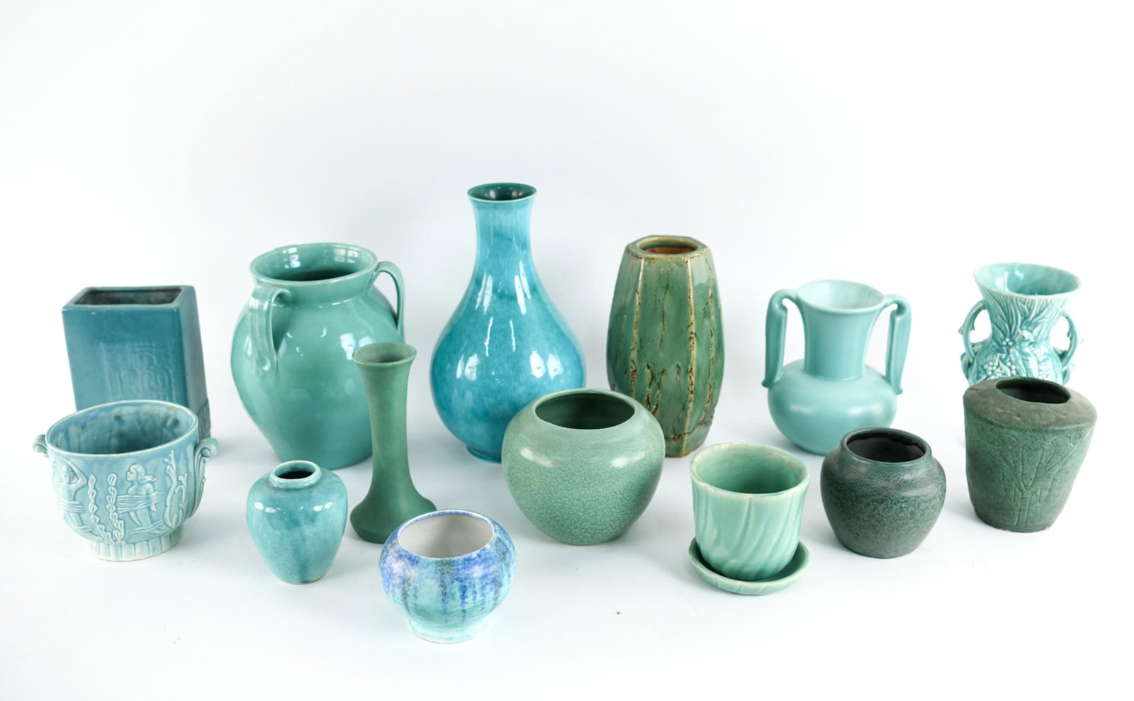 TURQUOISE BLUE / GREEN POTTERY GROUPING: Including Haeger, Japanese, McCoy, etc. Dimensions: (Tallest) H 12.5" x Dia. 6.5" Condition: Scattered chips, some crazing.